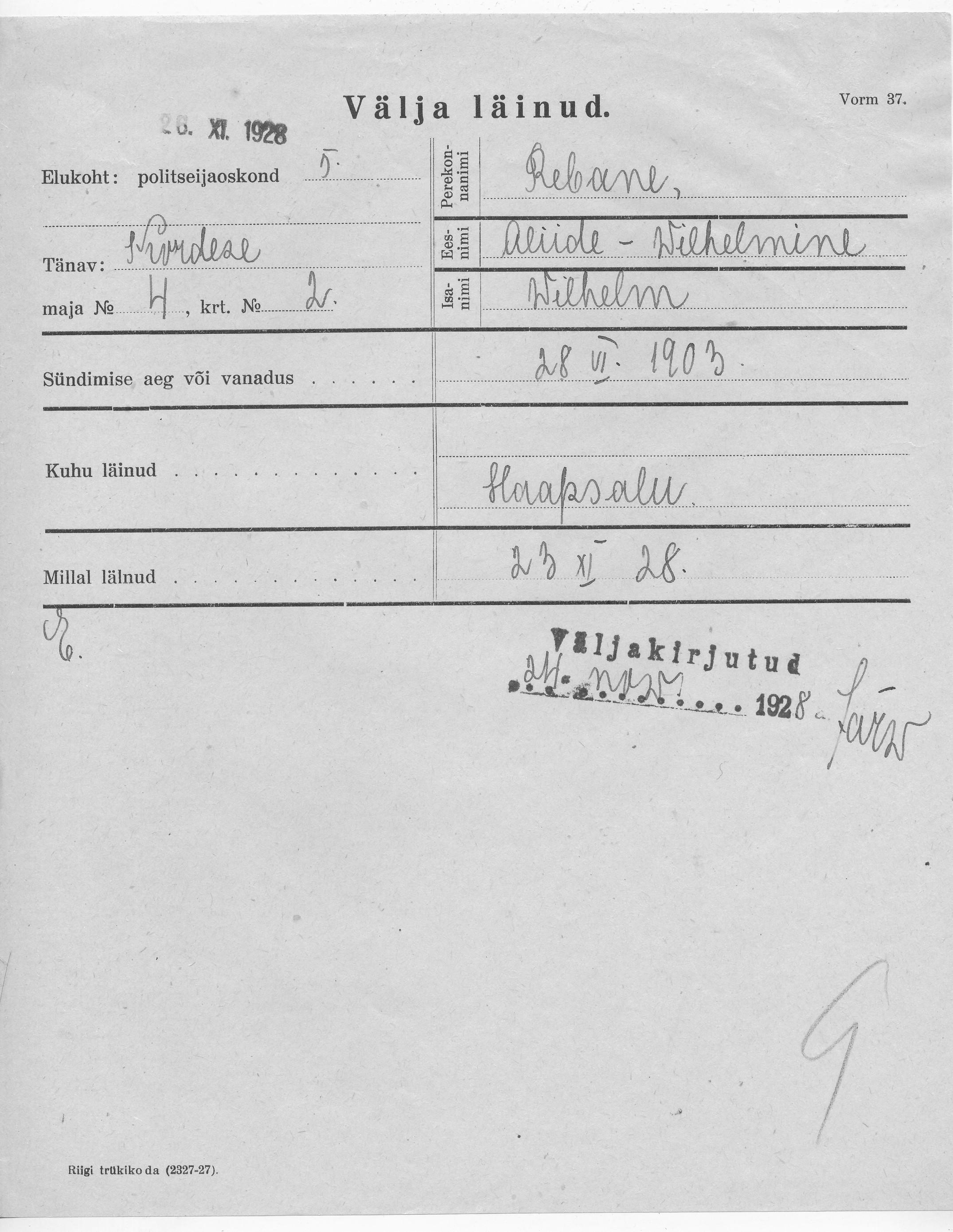 Rebane, Aliide-Wilhelmine, Wilhelm