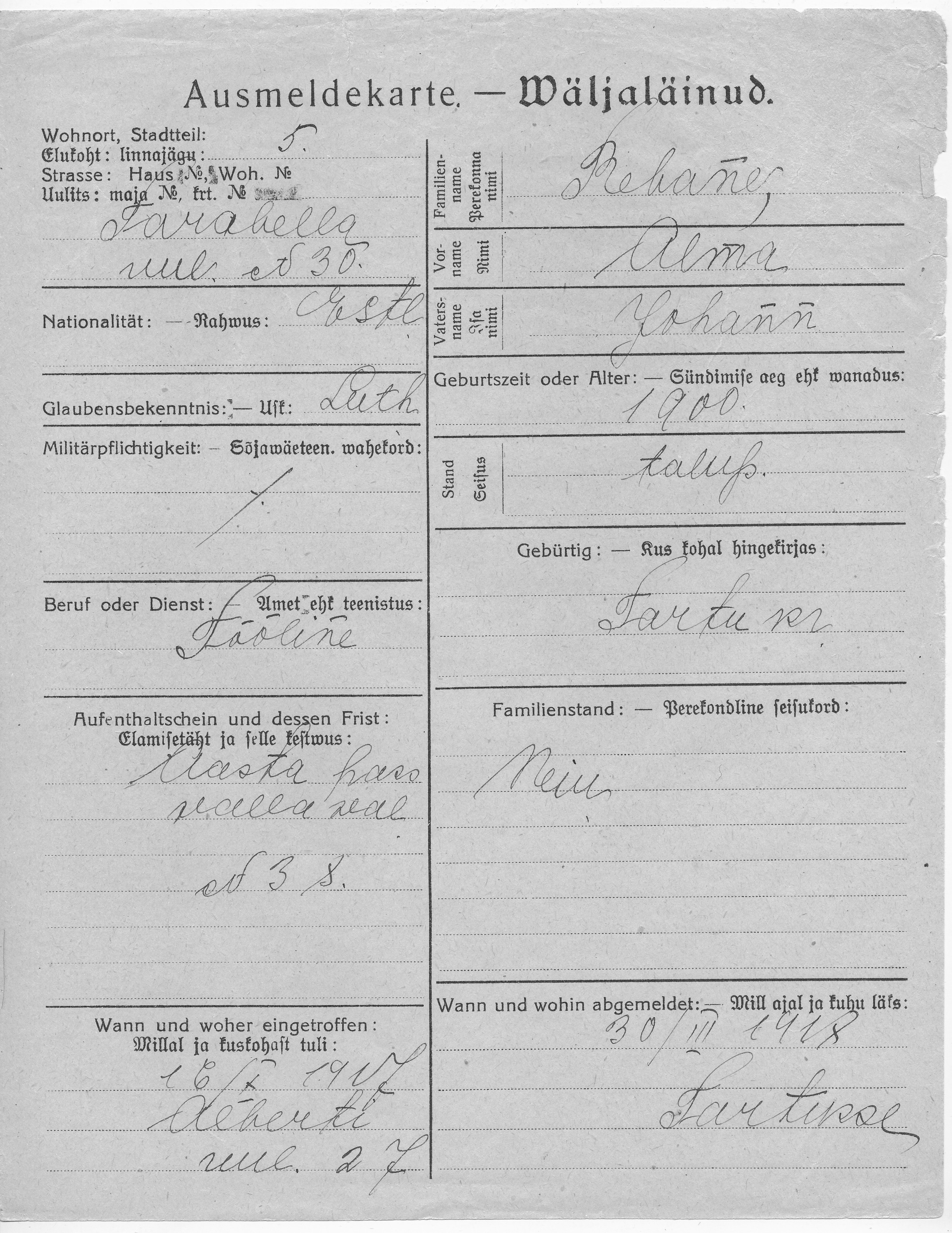 Rebane, Alma, Johann