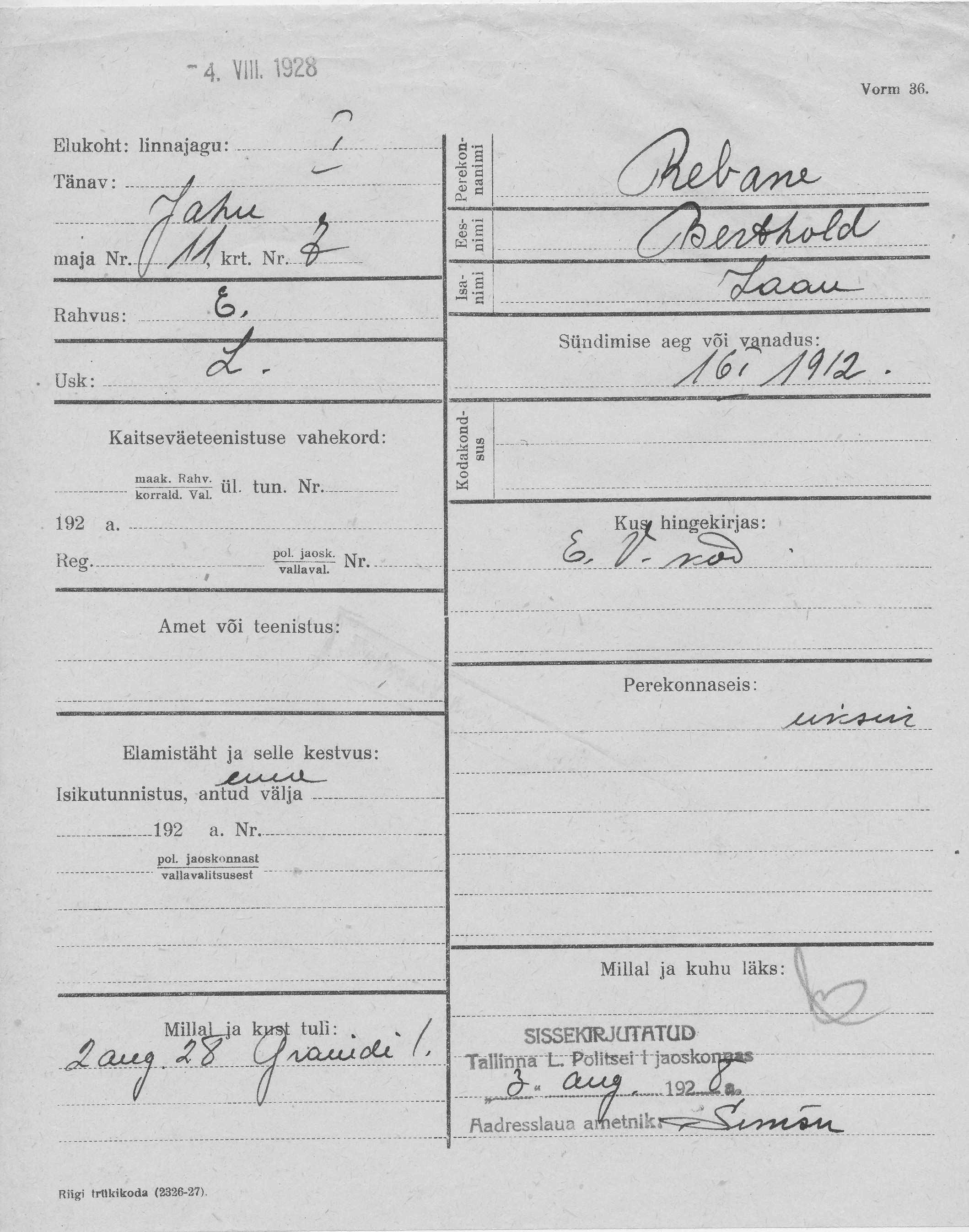 Rebane, Berthold, Jaan