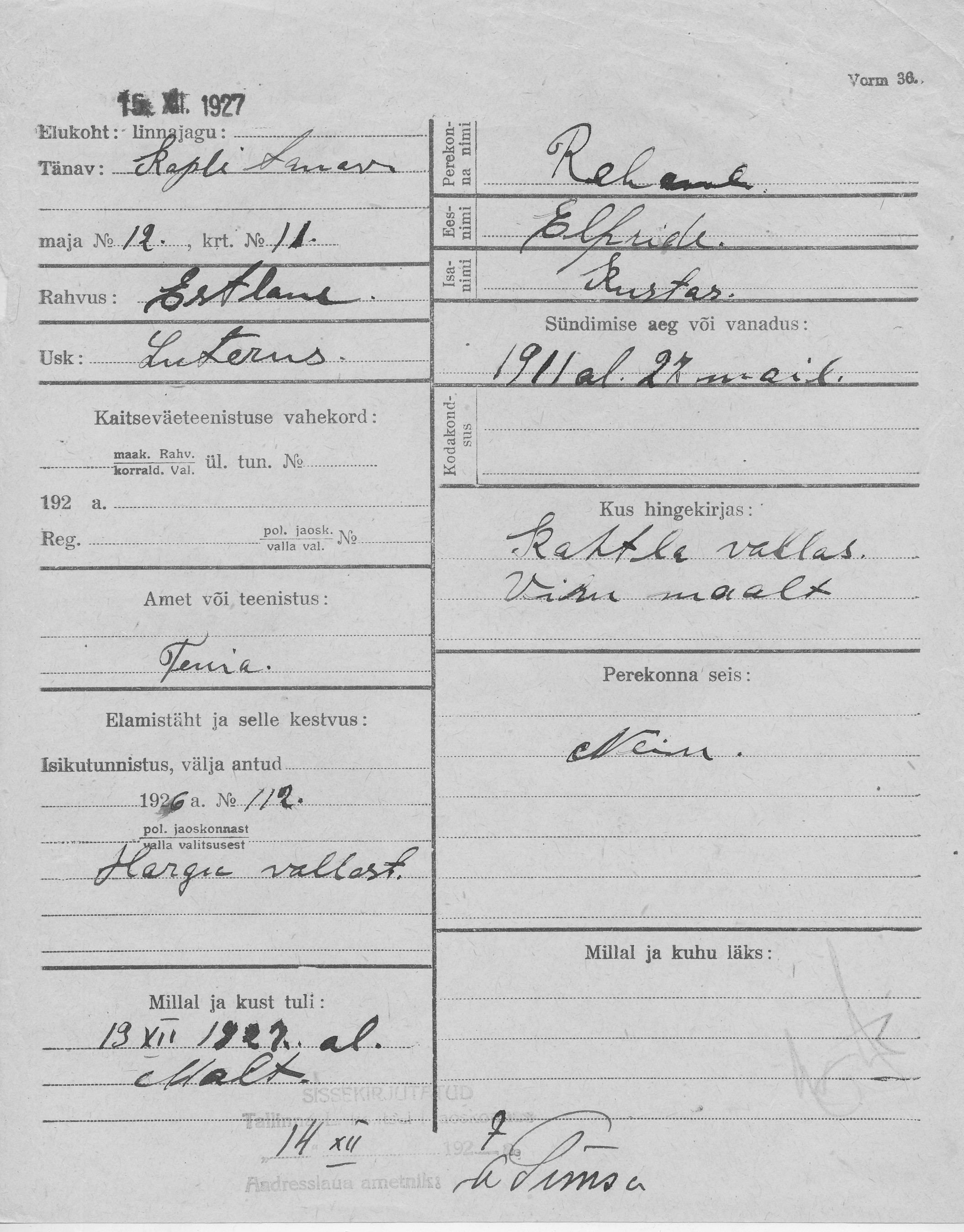 Rebane, Elfride, Kustas