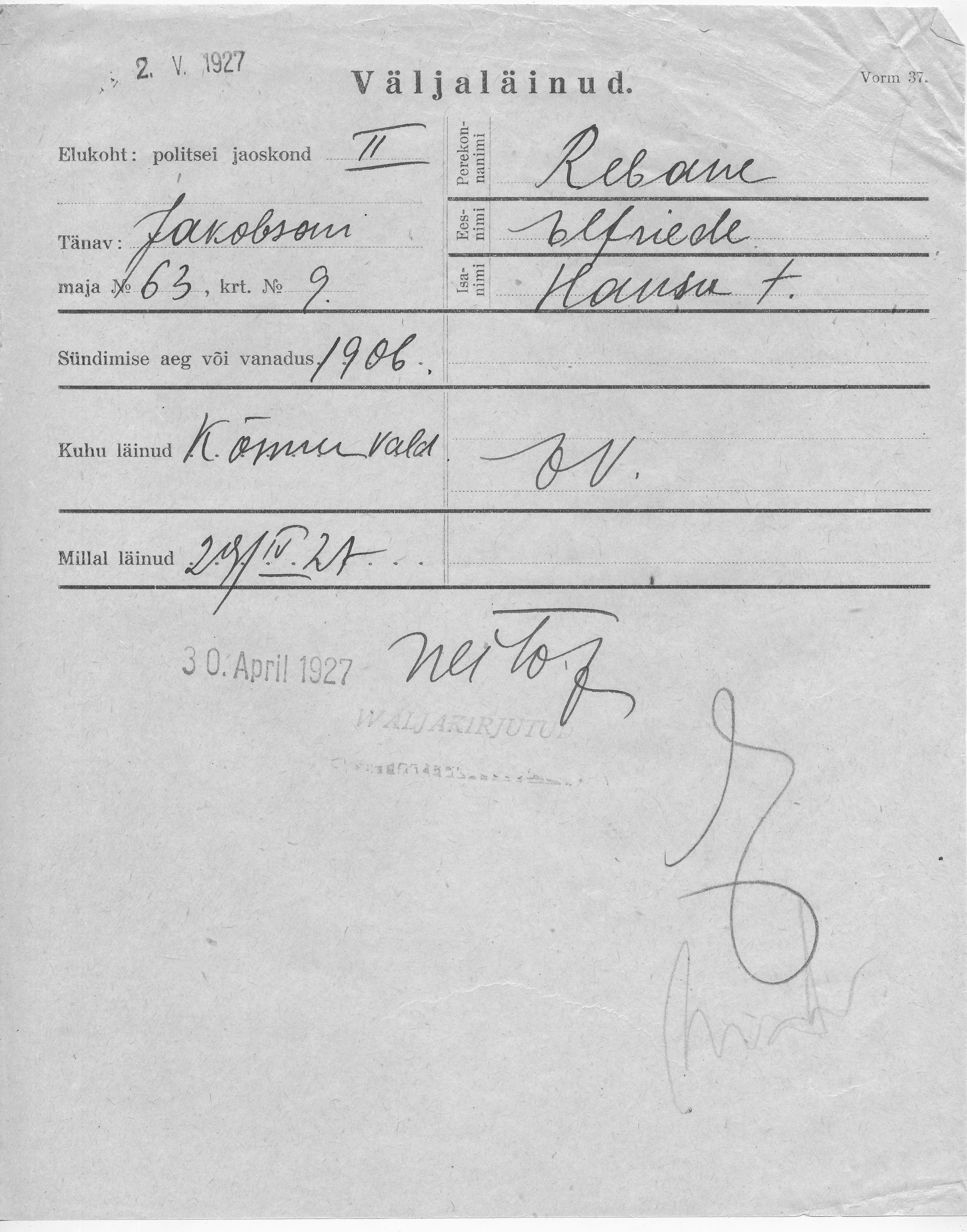 Rebane, Elfriede, Hans