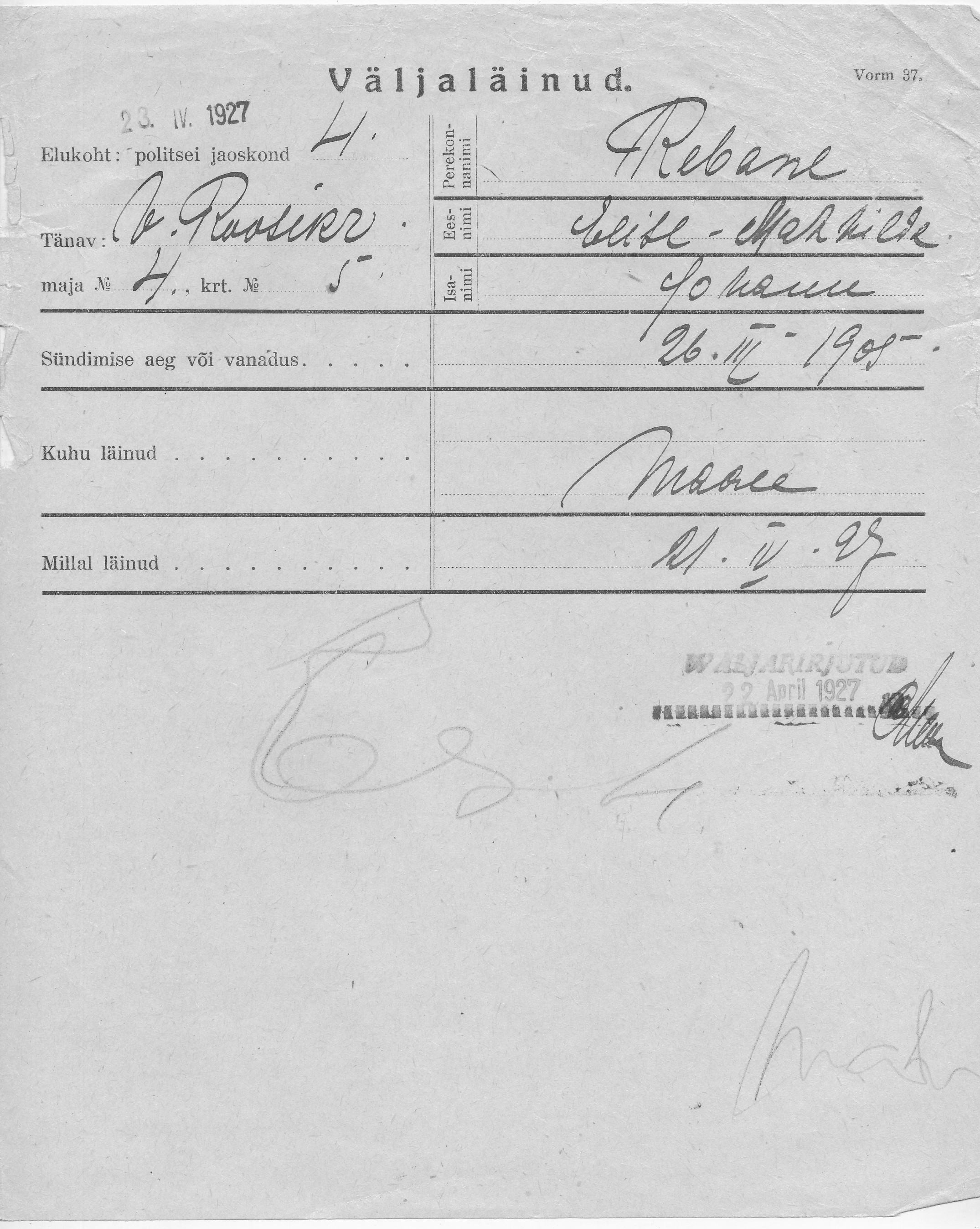 Rebane, Elise-Mathilde, Johann