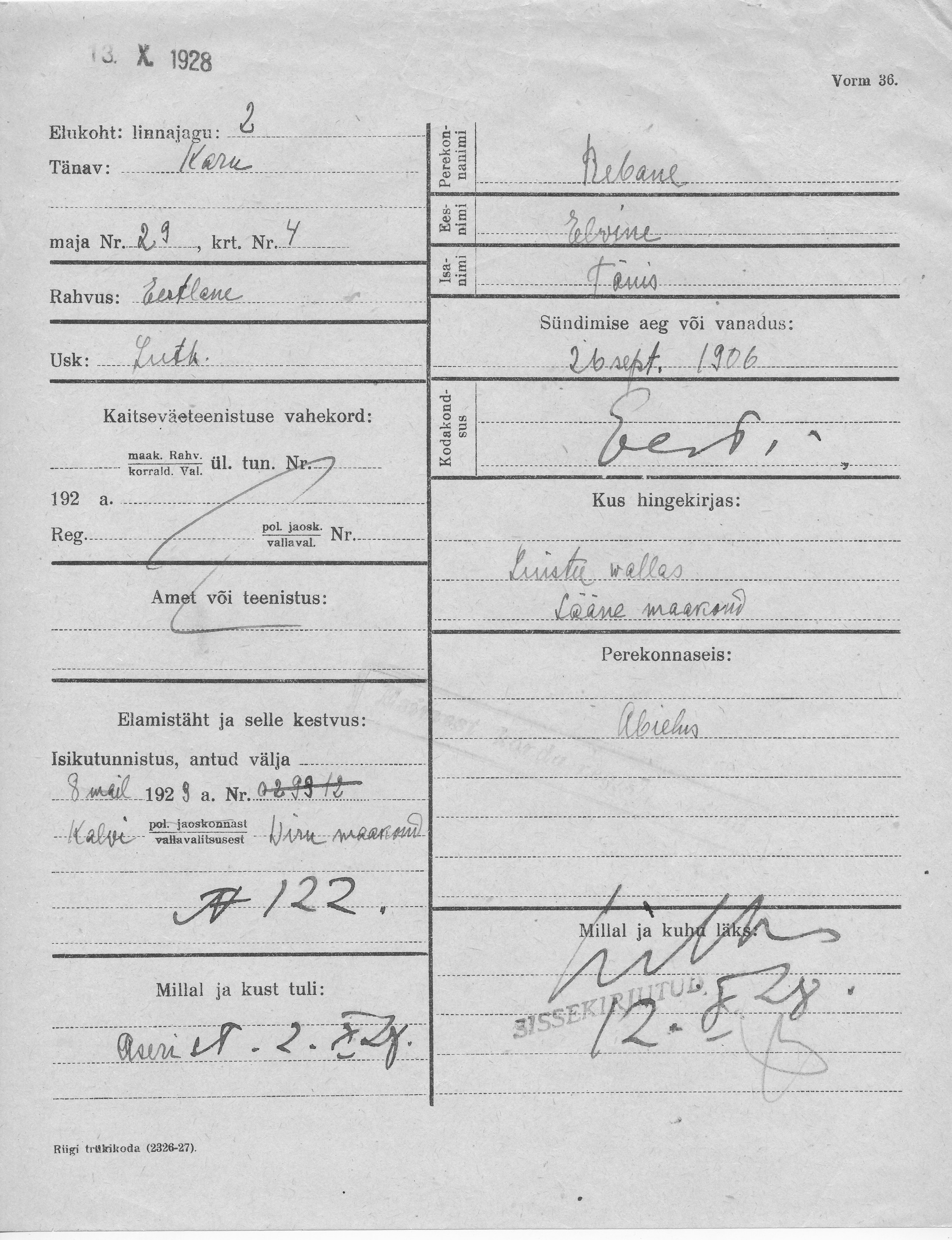 Rebane, Elvine, Tõnis