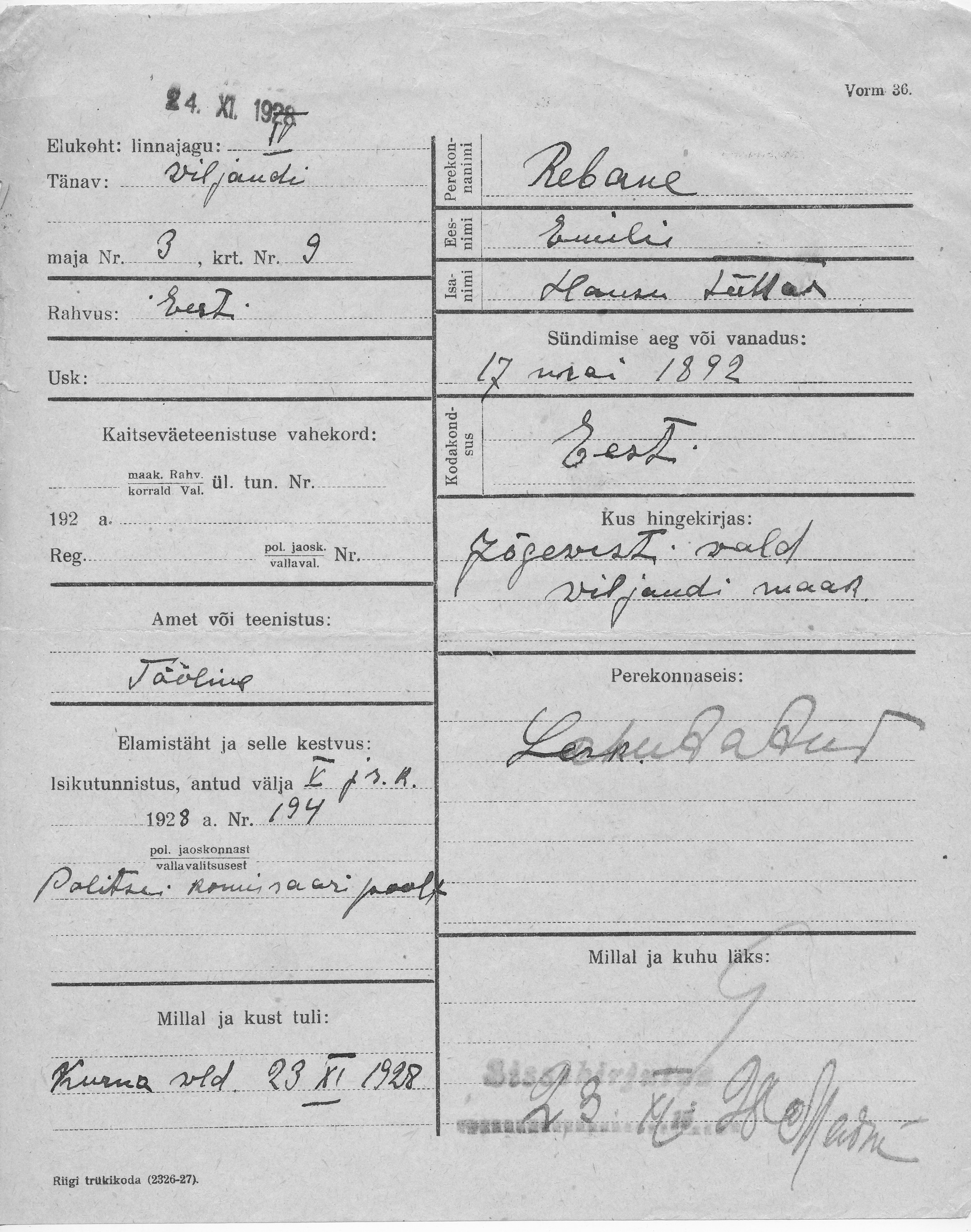 Rebane, Emilie, Hans