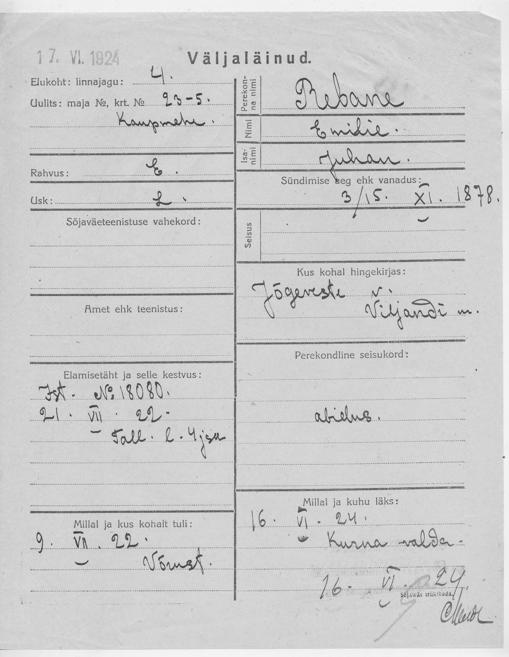 Rebane, Emilie, Juhan