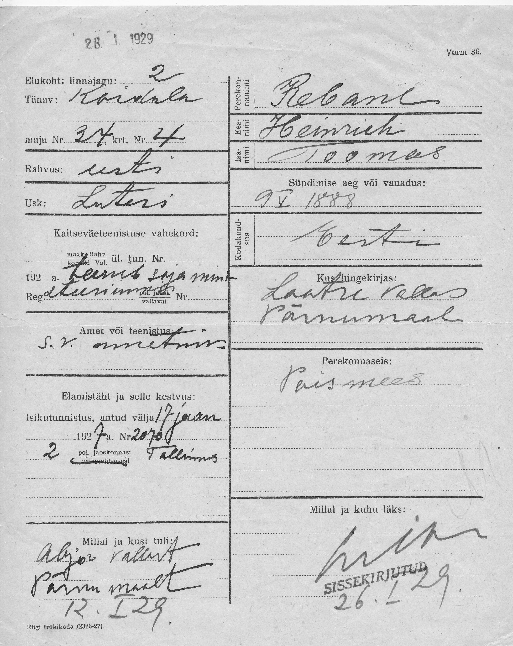 Rebane, Heinrich, Toomas