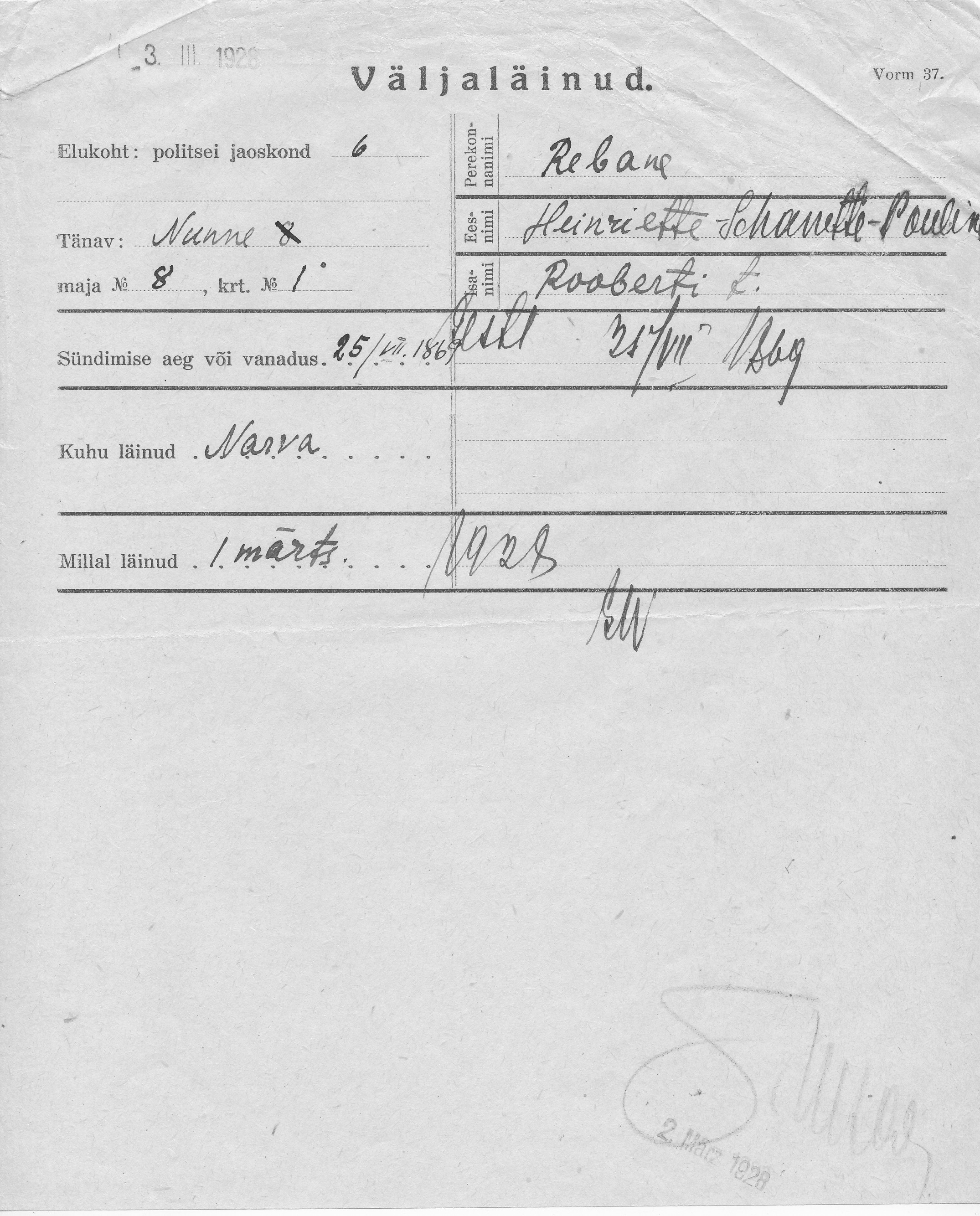 Rebane, Heinriette-Johanette-Pouline, Roobert