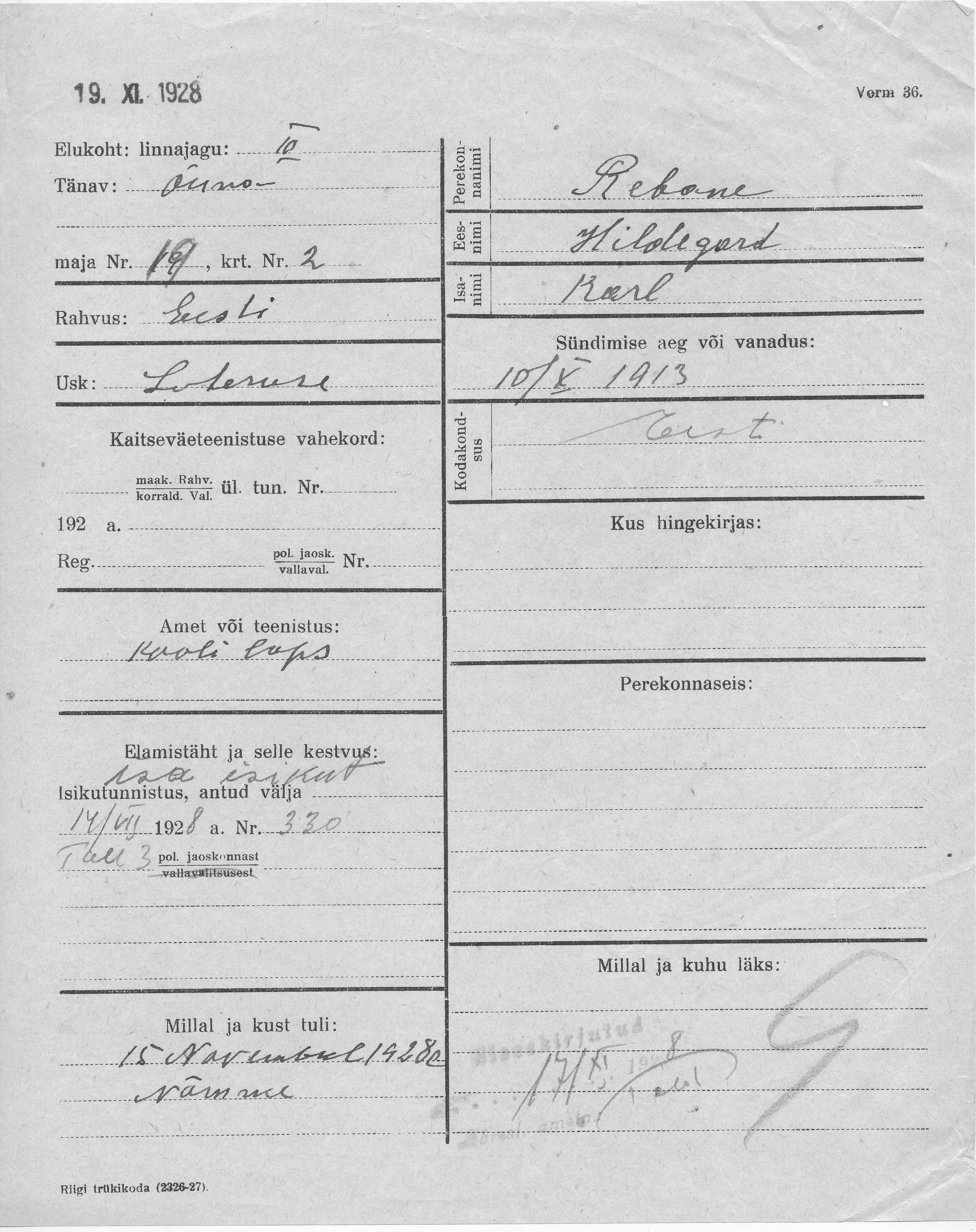 Rebane, Hildegard, Karl