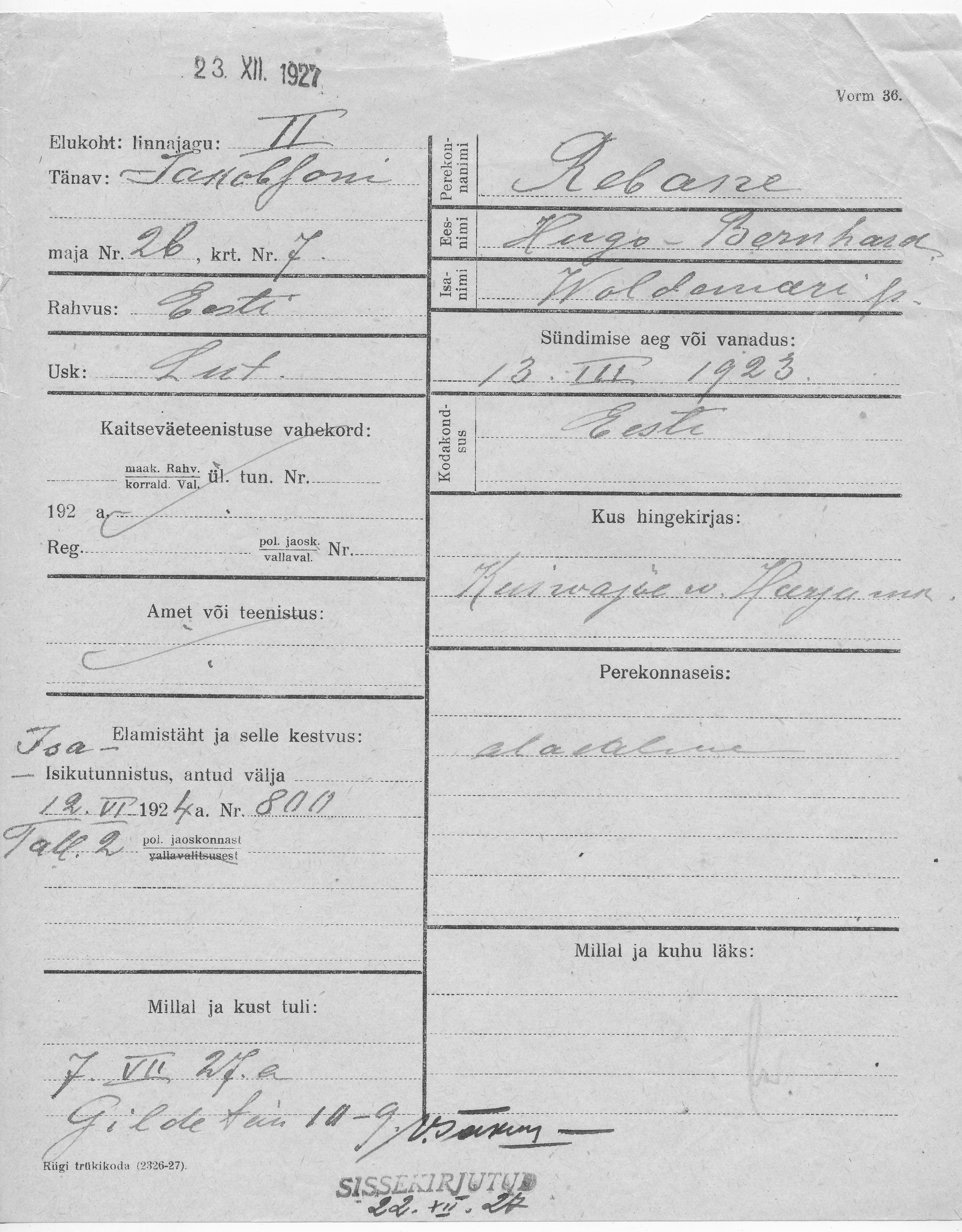 Rebane, Hugo-Bernhard, Woldemar