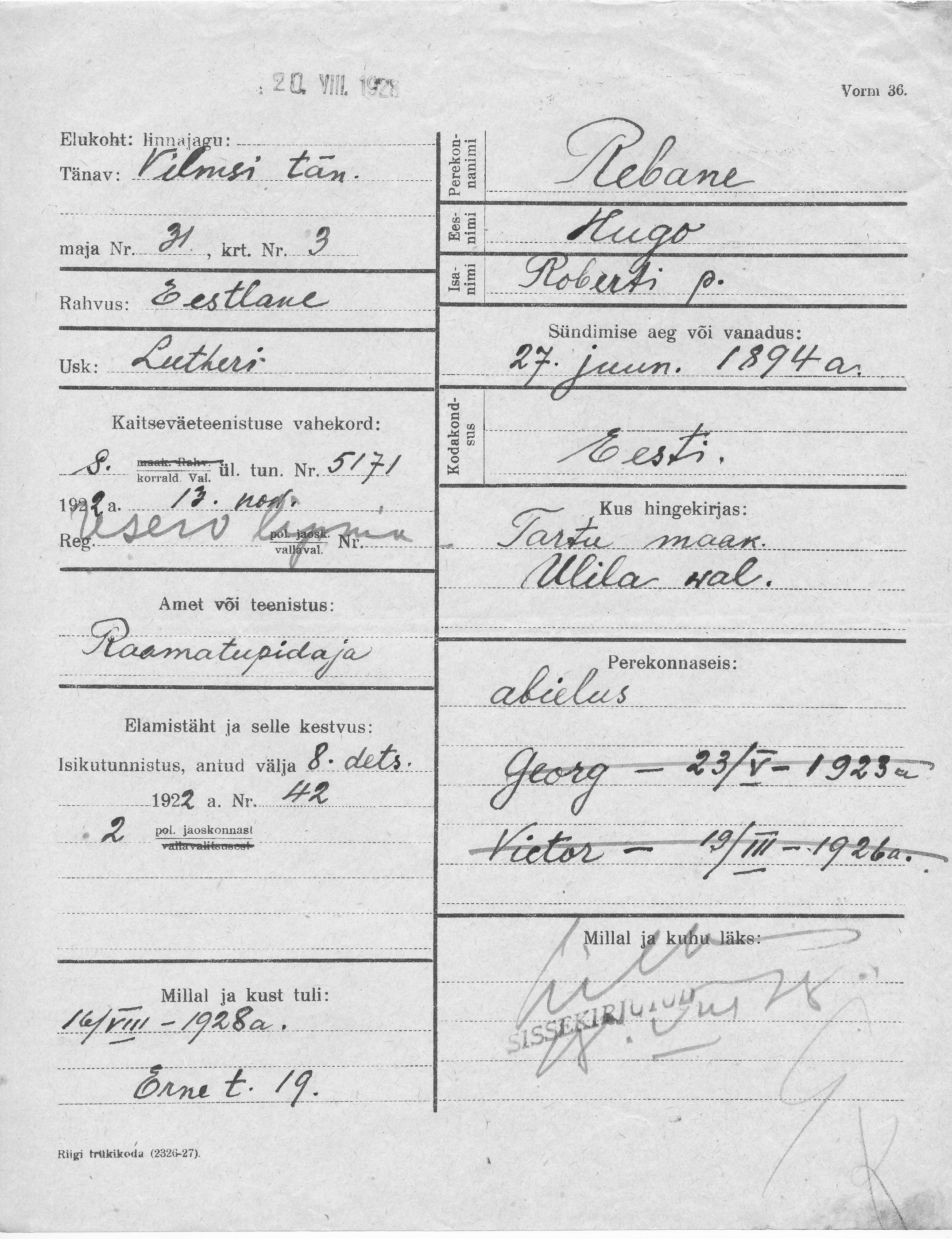 Rebane, Hugo, Robert