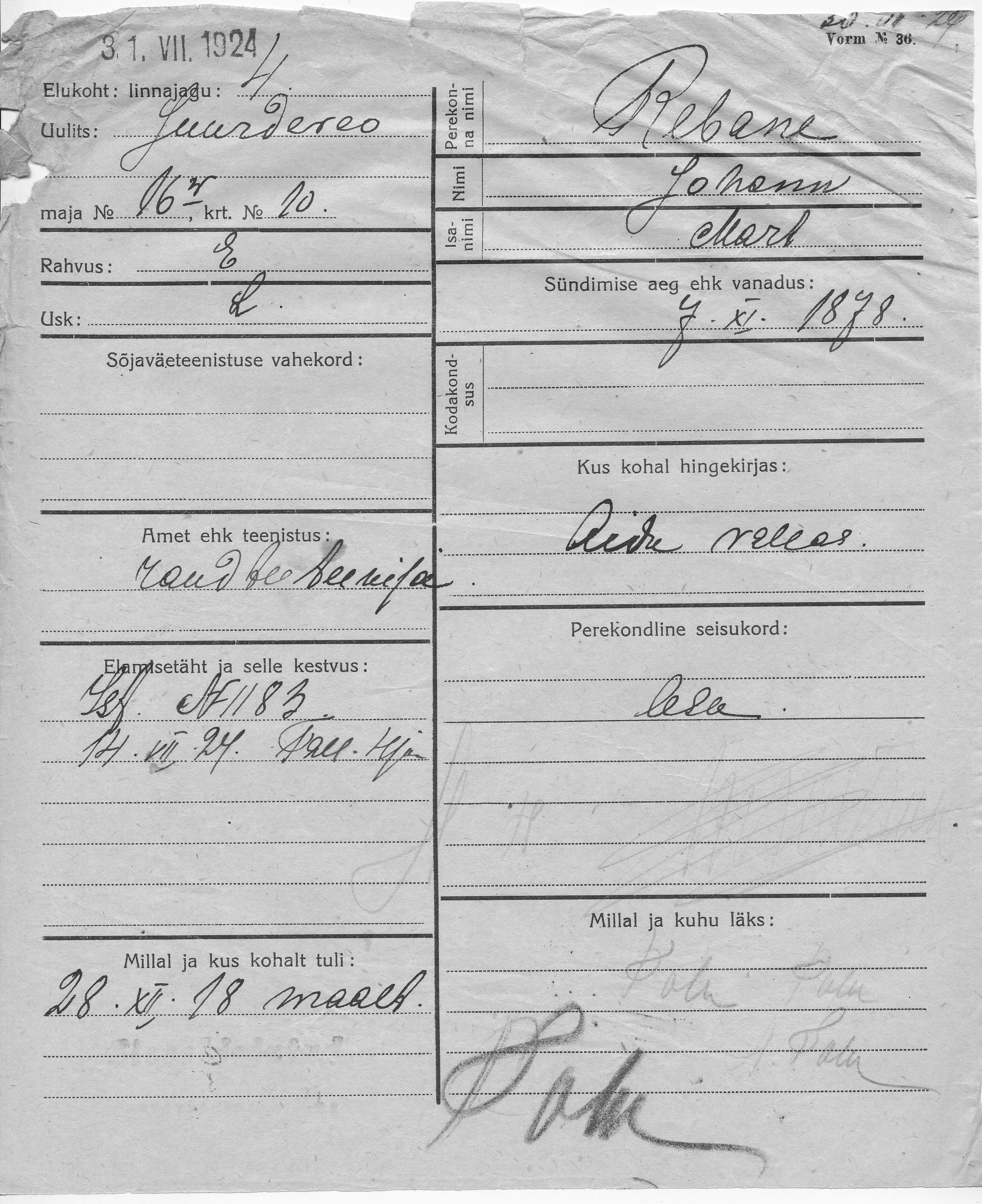 Rebane, Johann, Mart