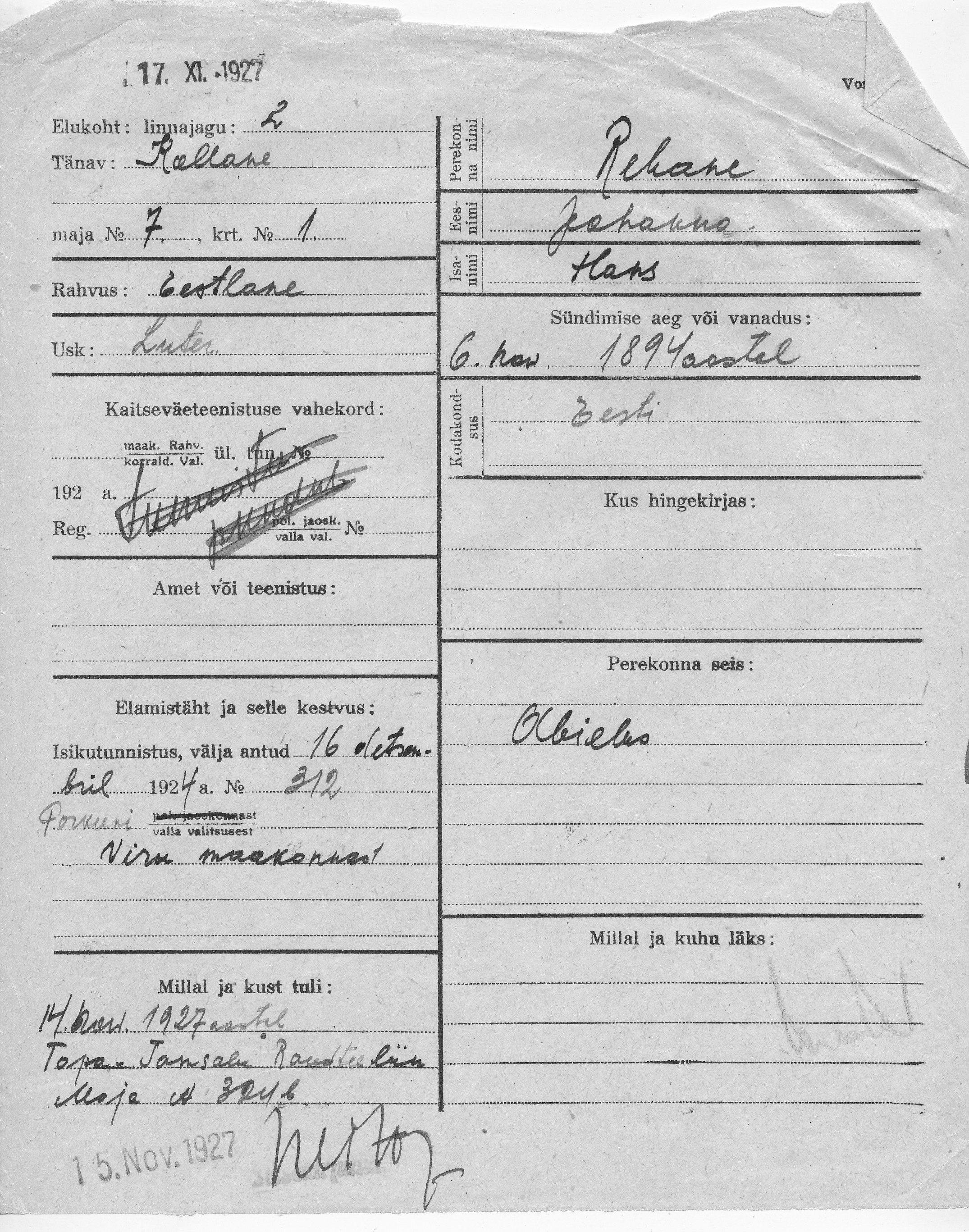 Rebane, Johanna, Hans