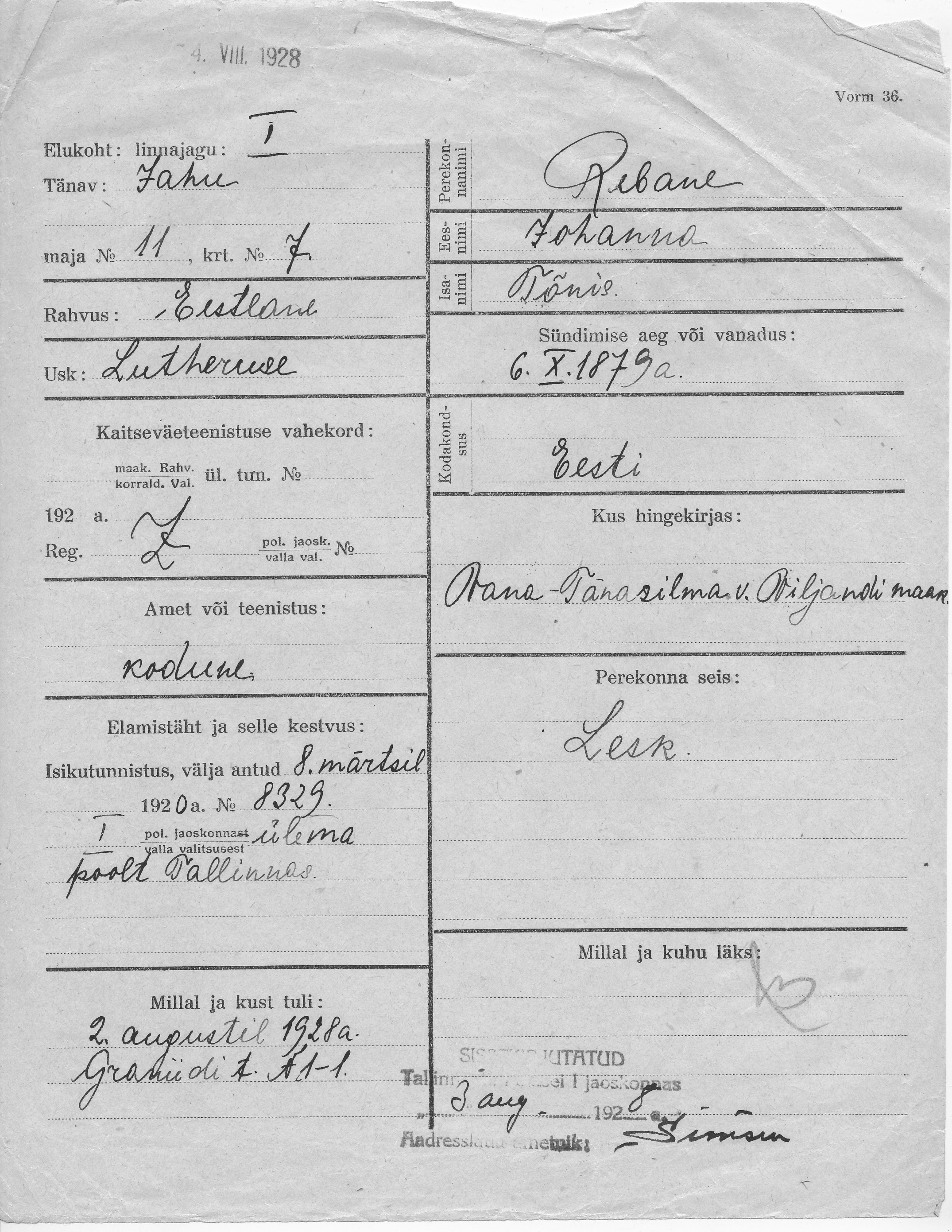 Rebane, Johanna, Tõnis