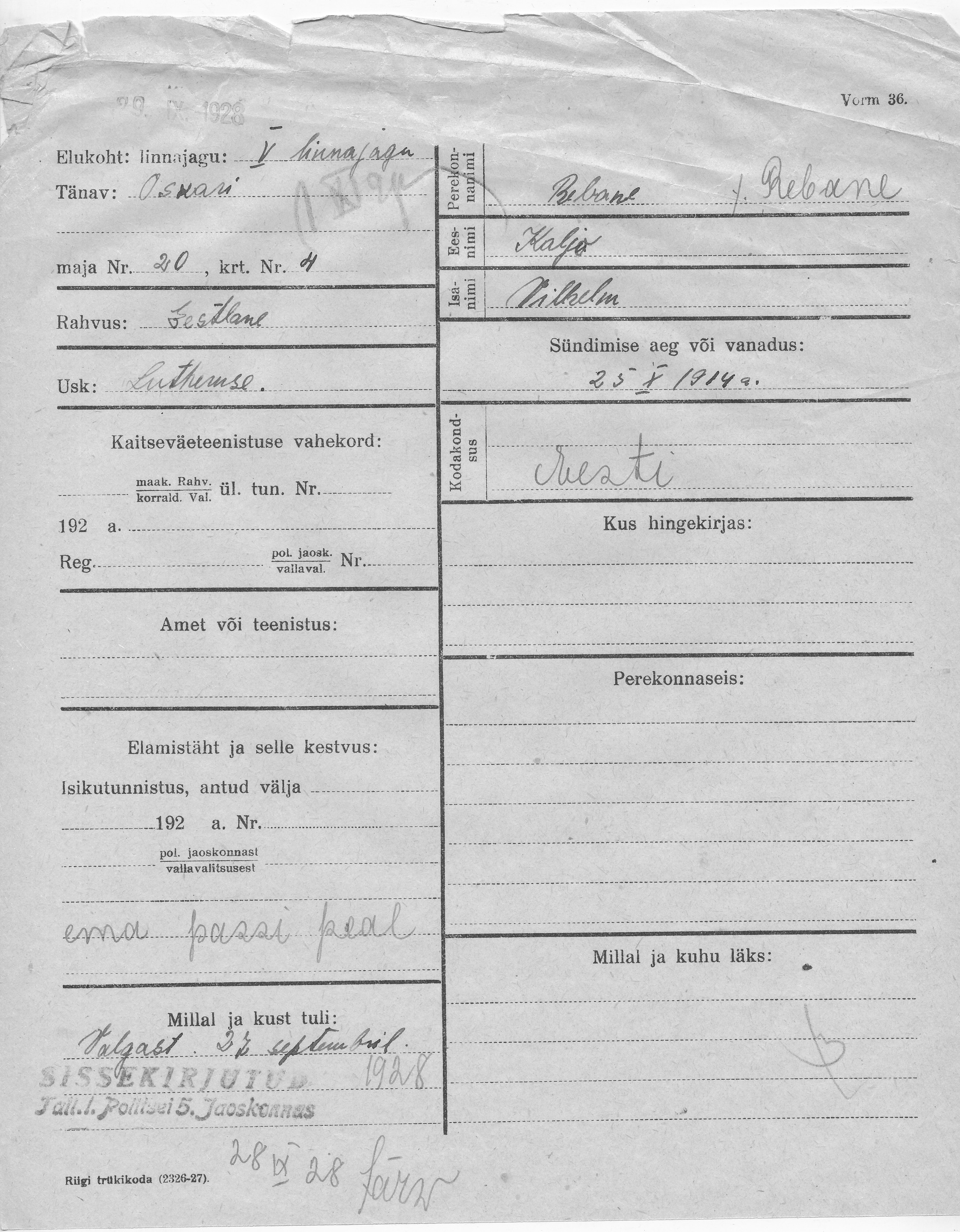 Rebane, Kaljo, Vilhelm