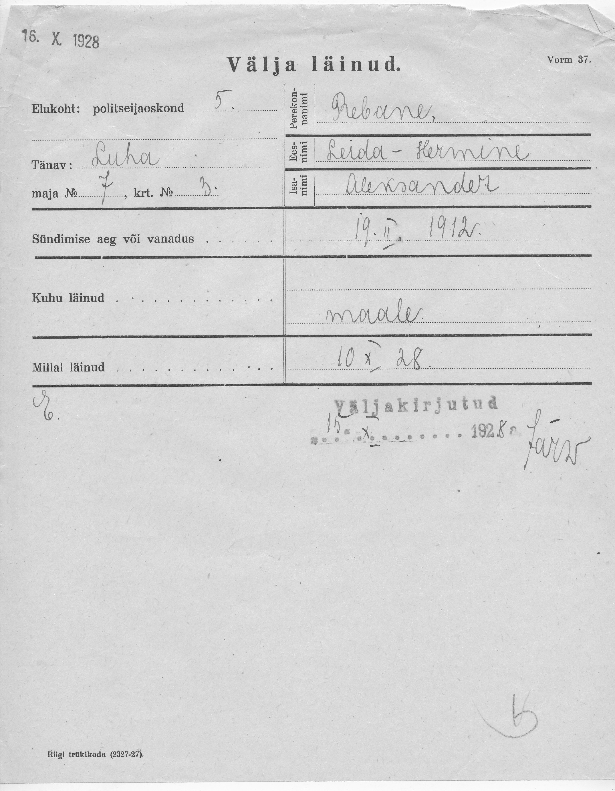 Rebane, Leida-Hermine, Aleksander