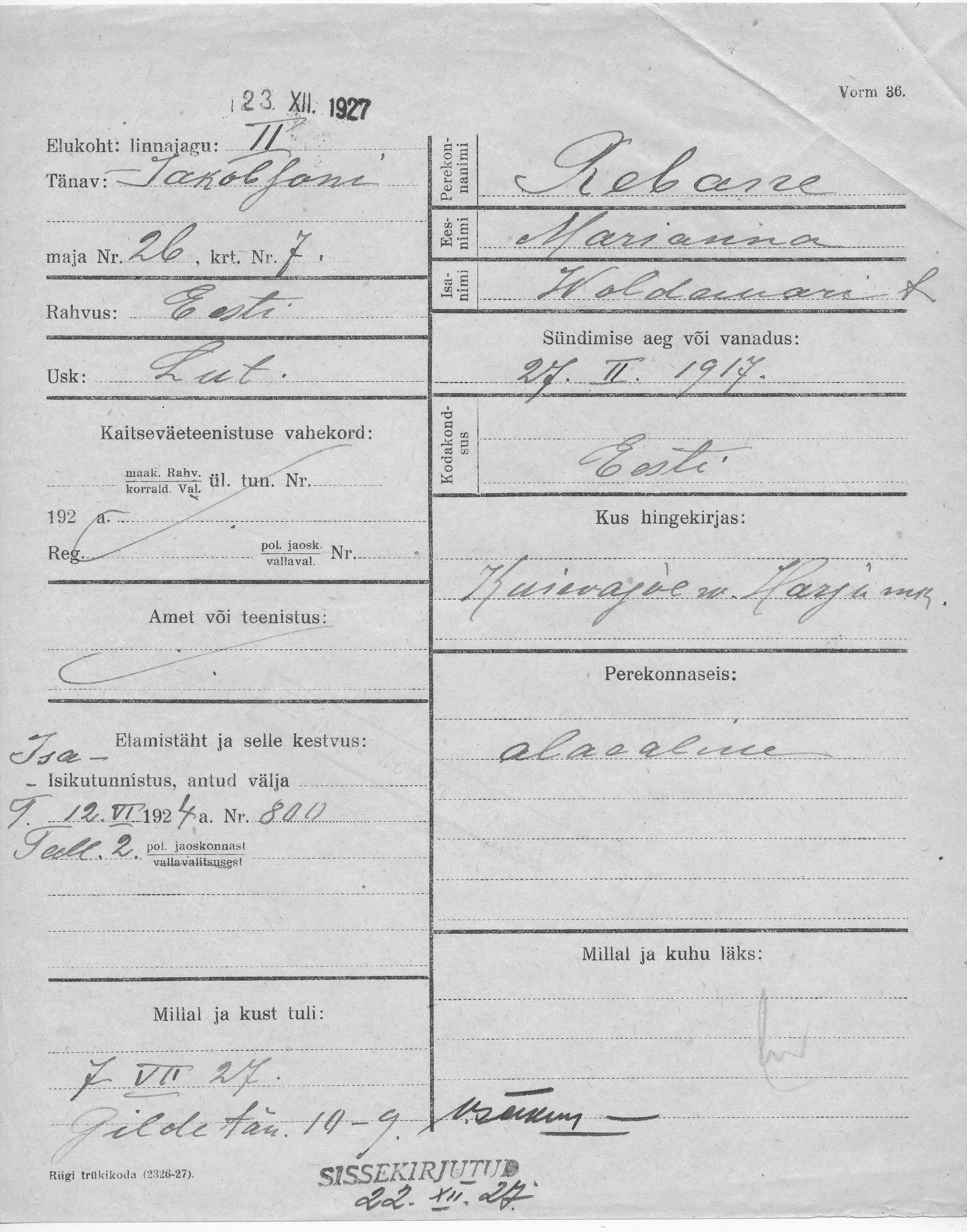 Rebane, Marianna, Woldemar