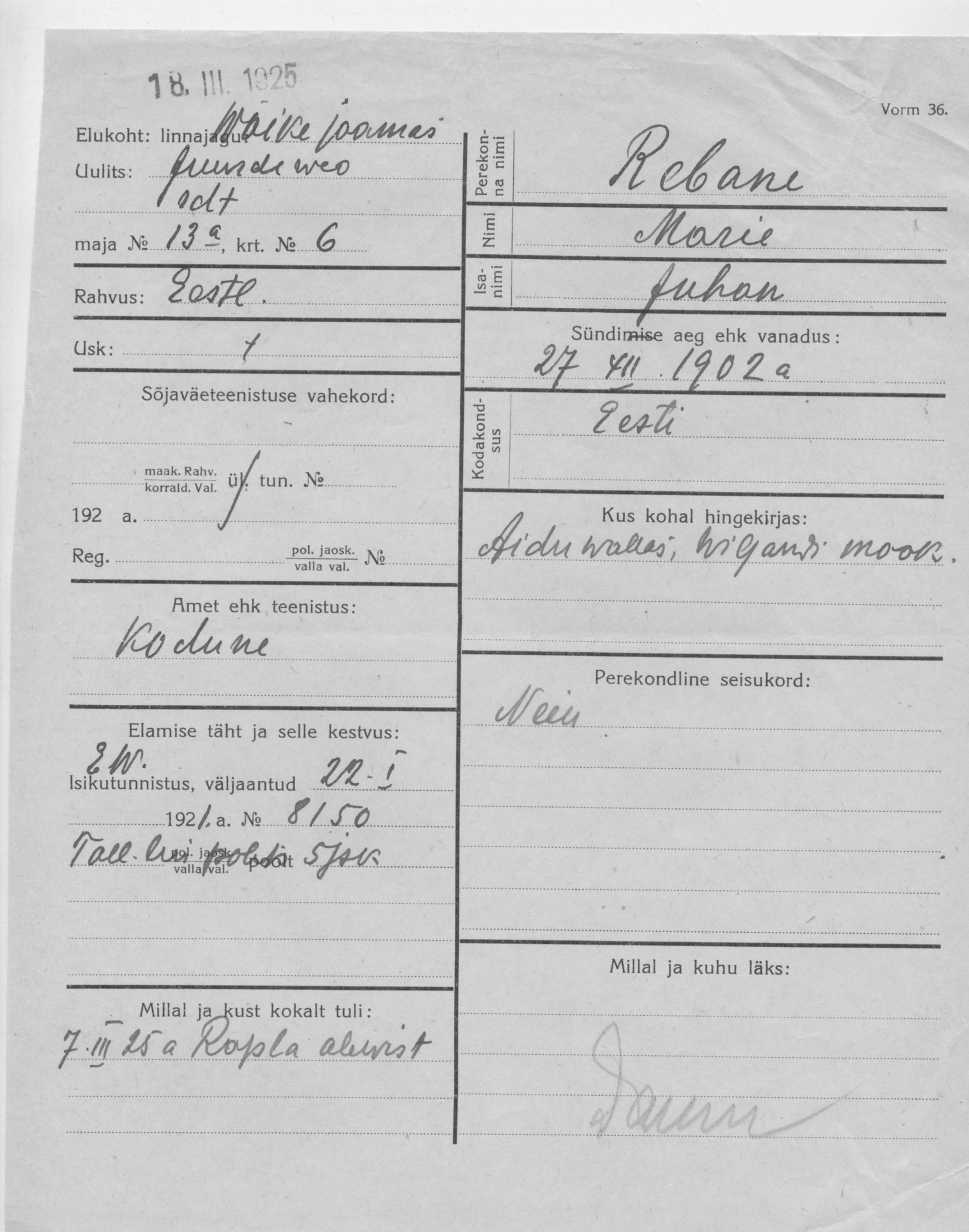 Rebane, Marie, Juhan