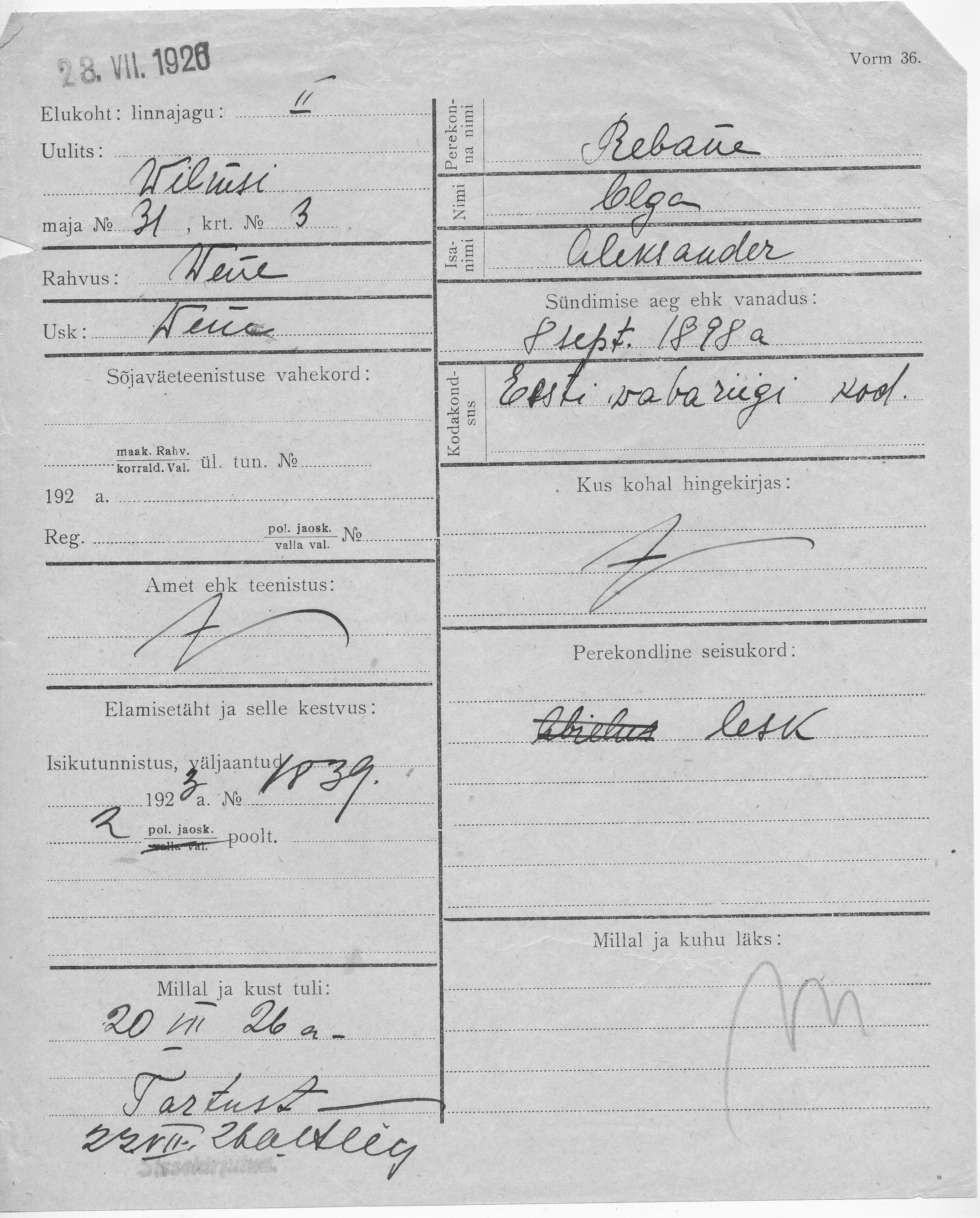 Rebane, Olga, Aleksander