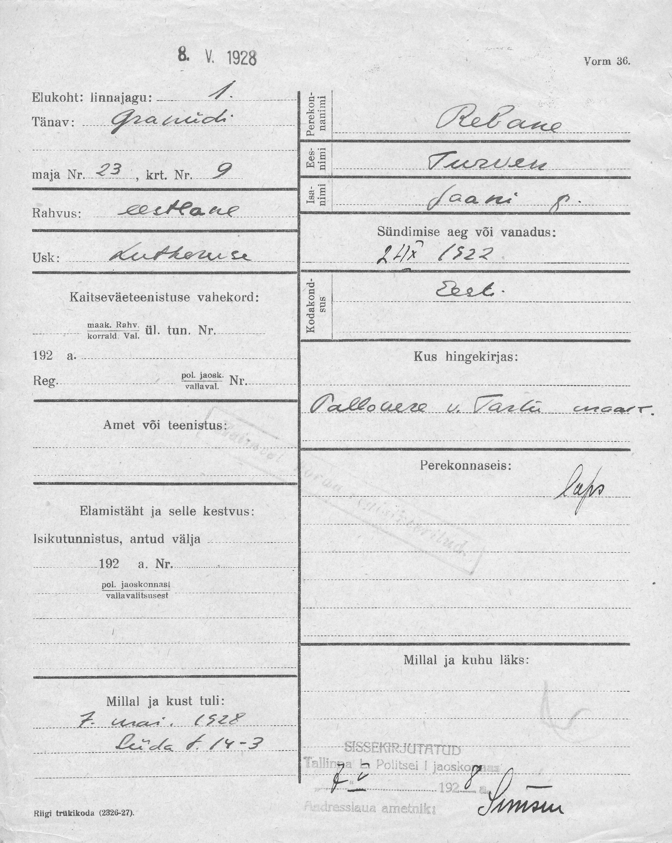 Rebane, Turven, Jaan