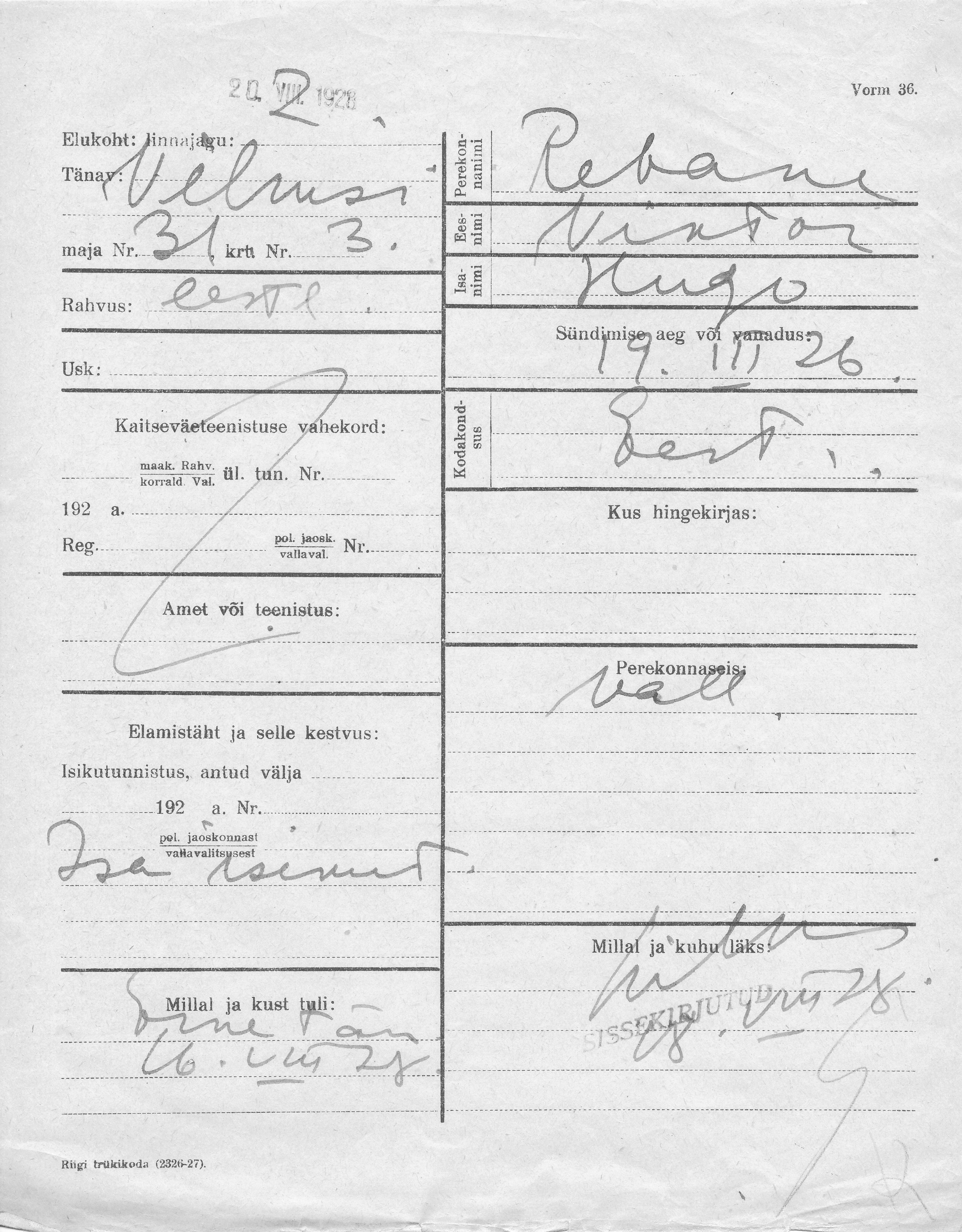 Rebane, Viktor, Hugo