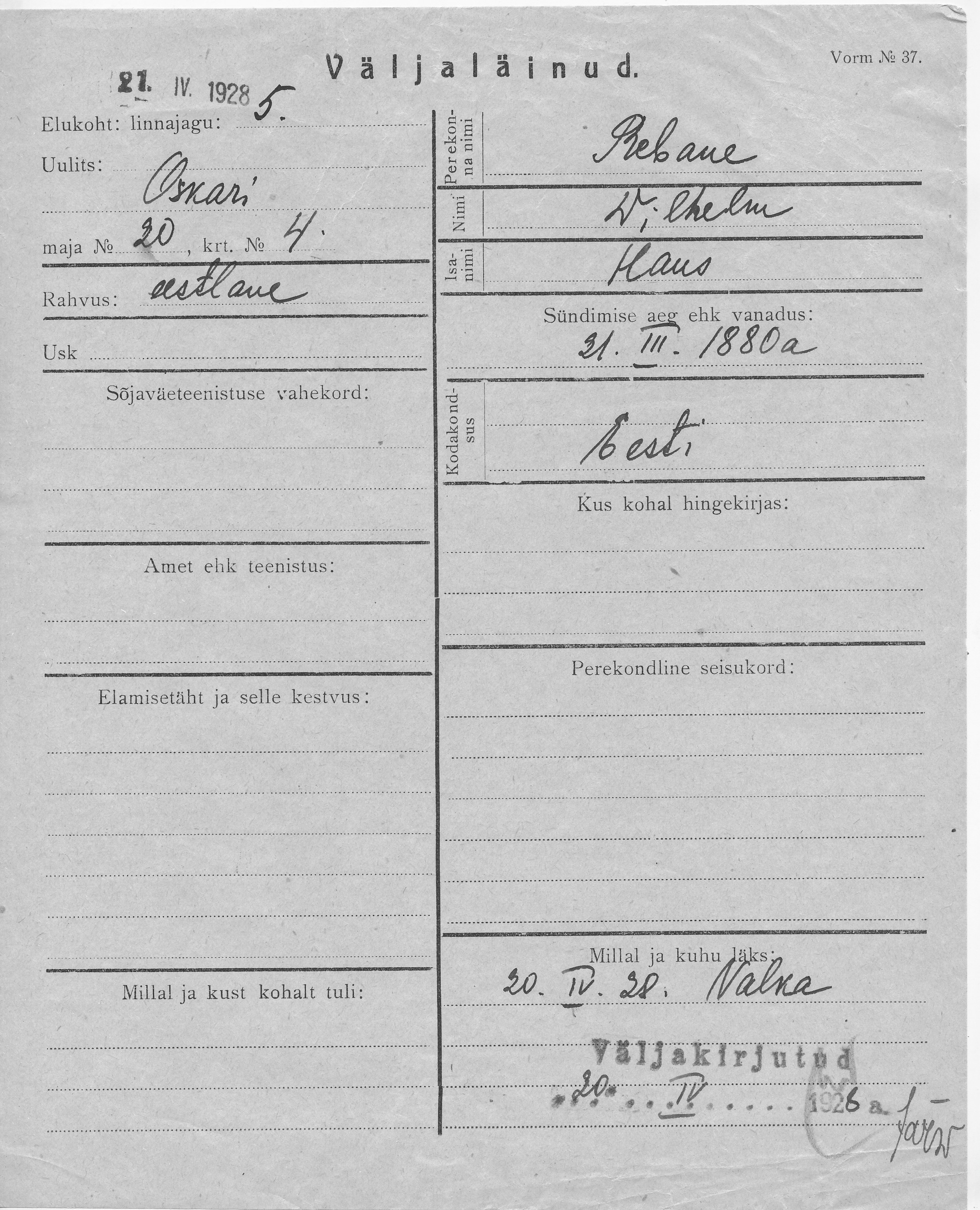 Rebane, Wilhelm, Hans