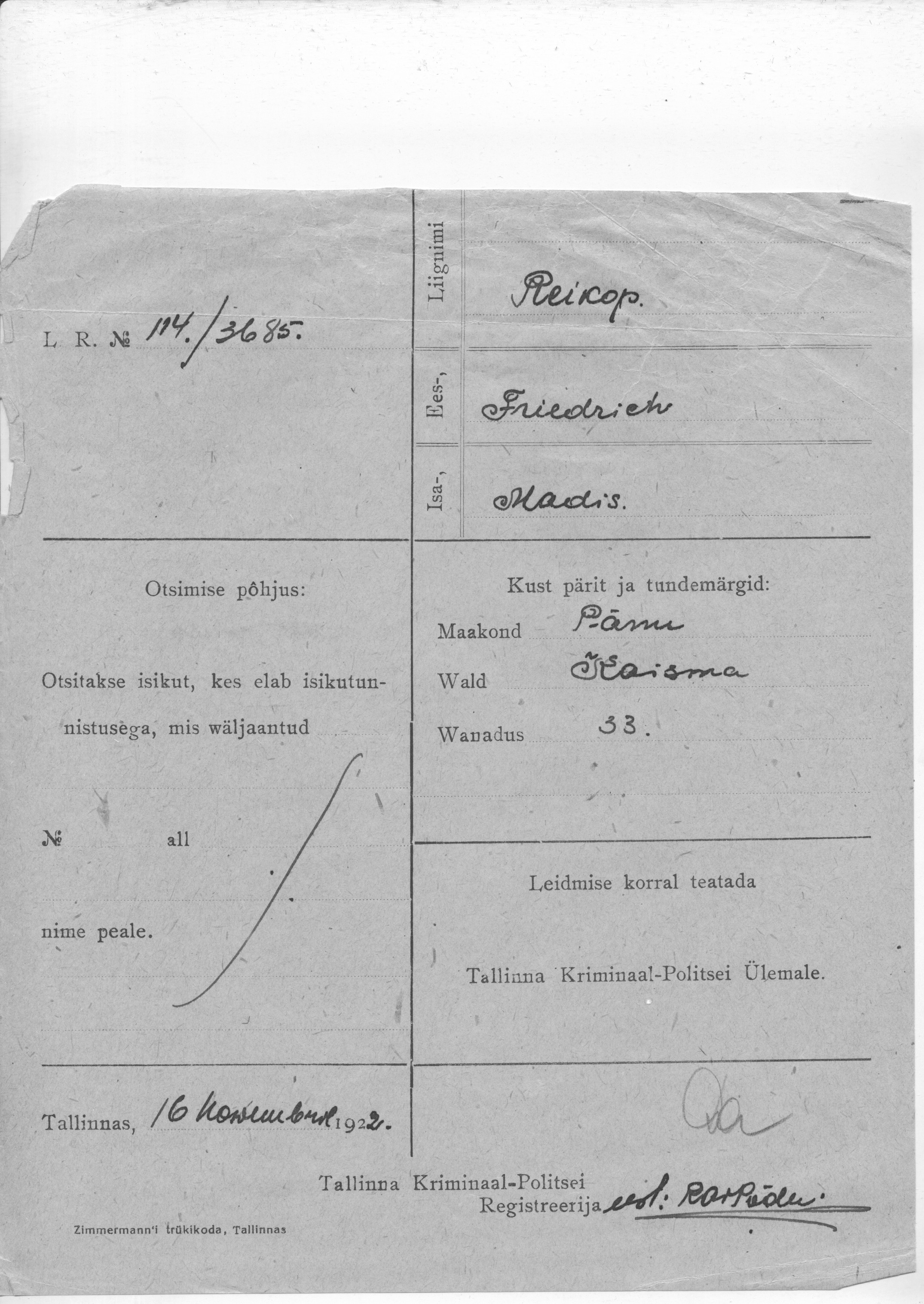 Reikop, Friedrich, Madis