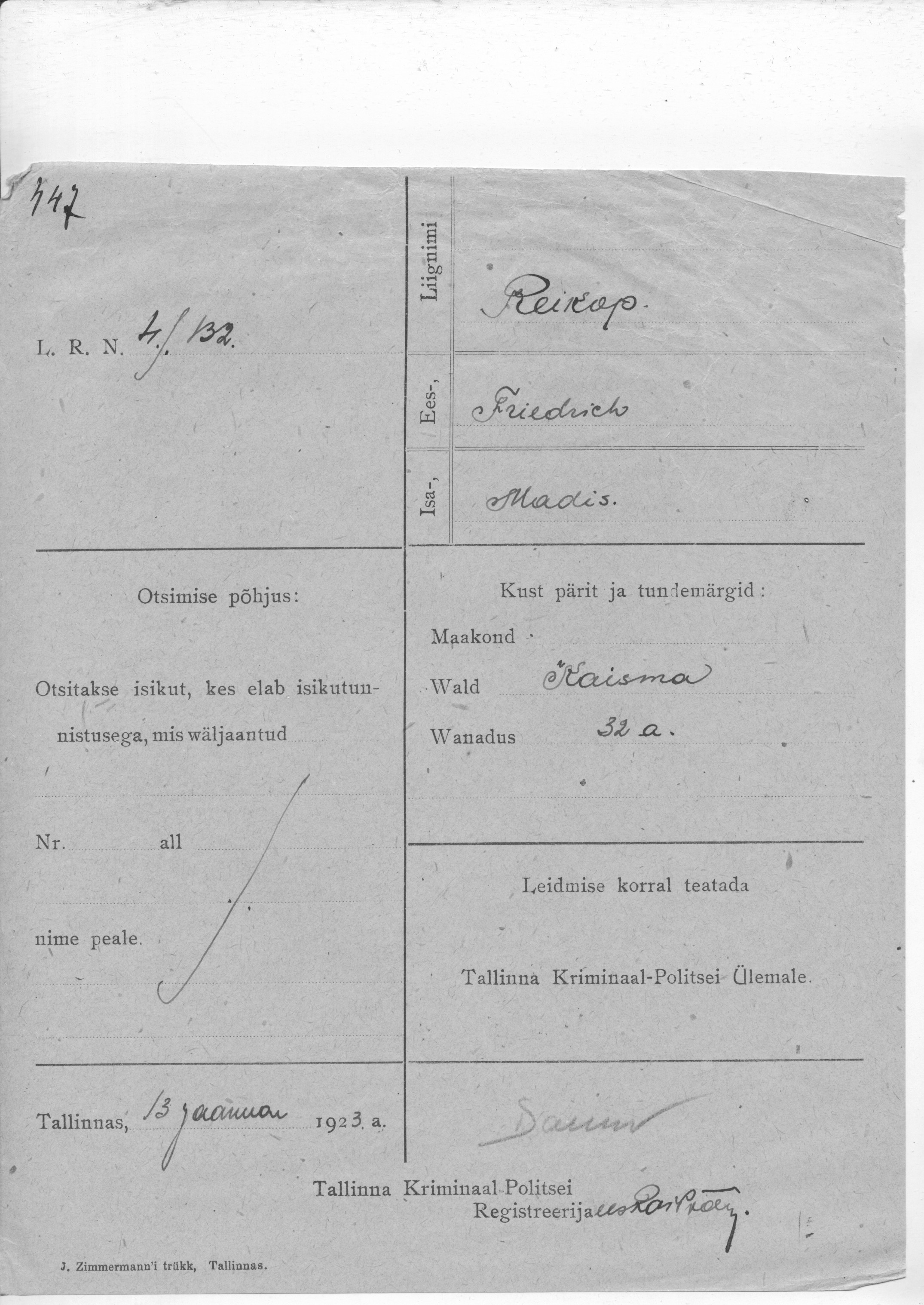 Reikop, Friedrich, Madis