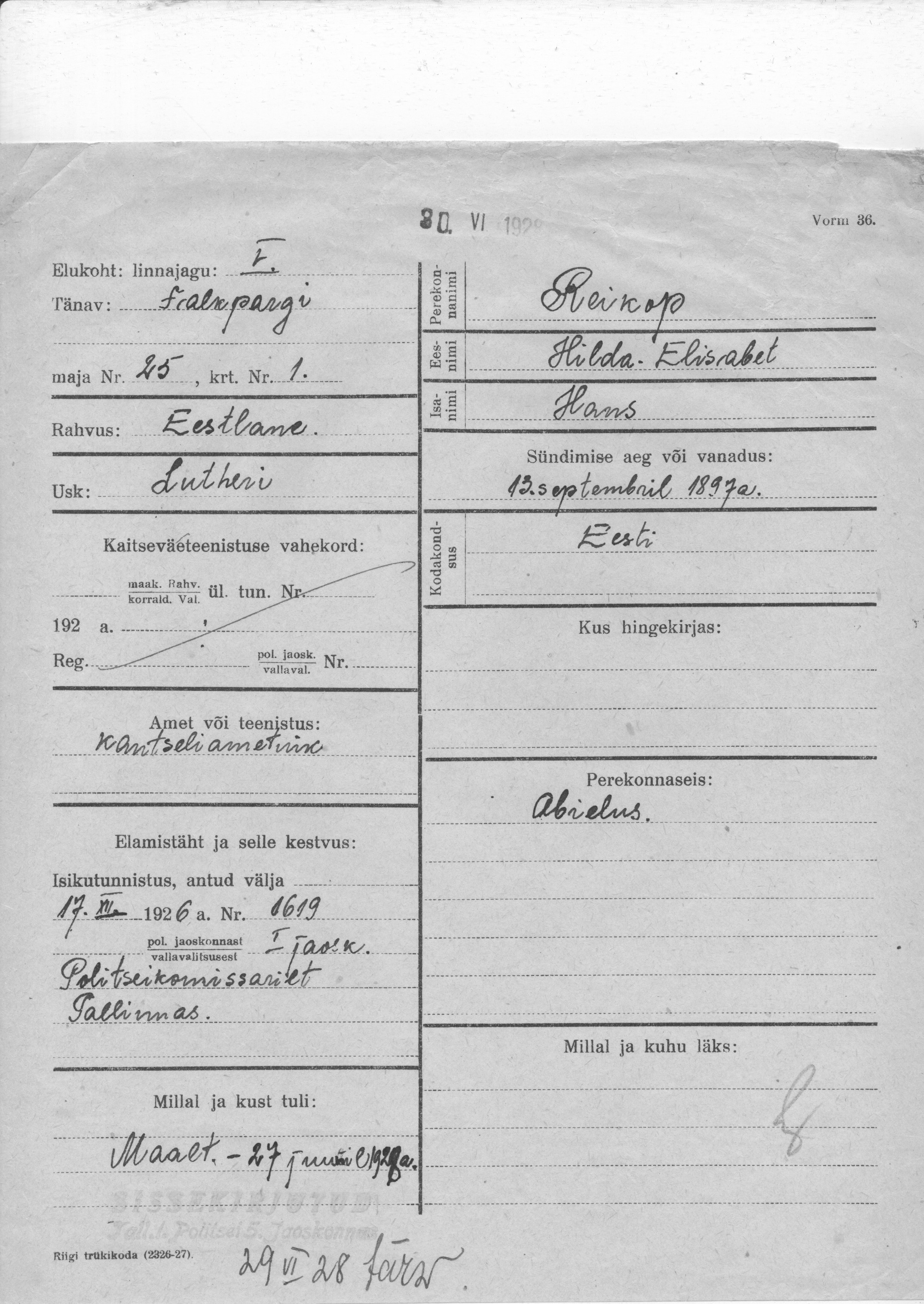 Reikop, Hilda-Elisabet, Hans