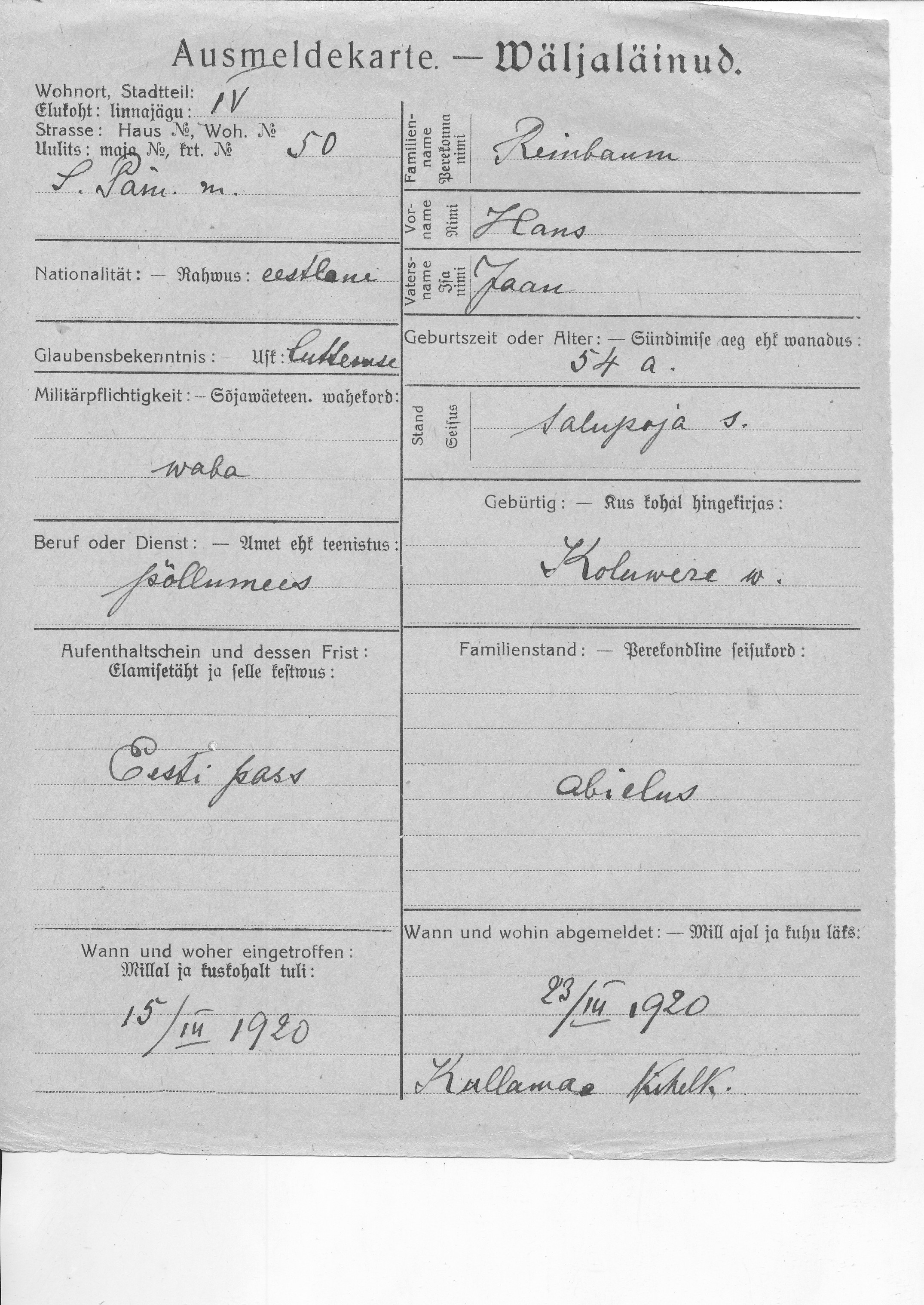 Reinbaum, Hans, Jaan