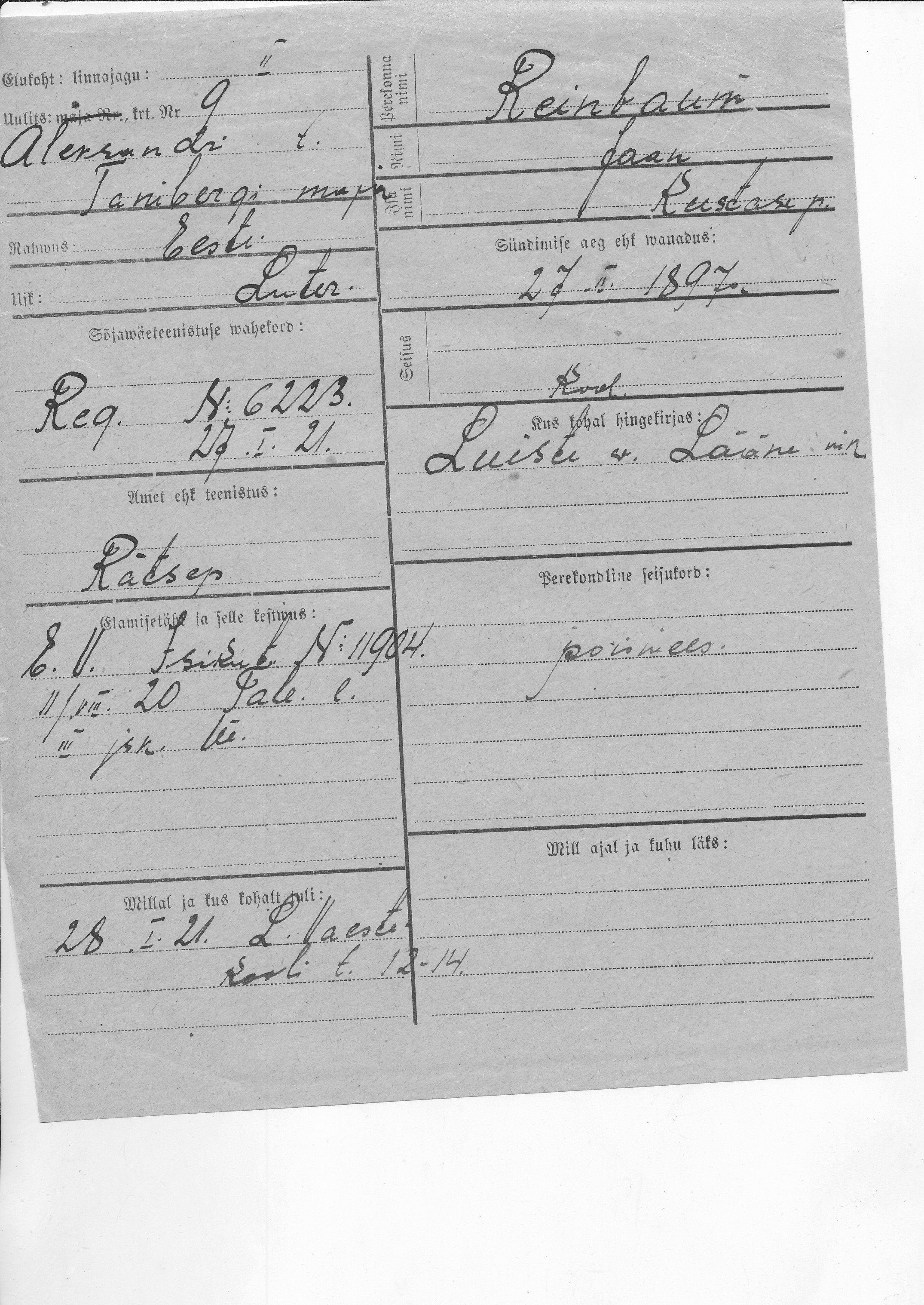 Reinbaum, Jaan, Kustas