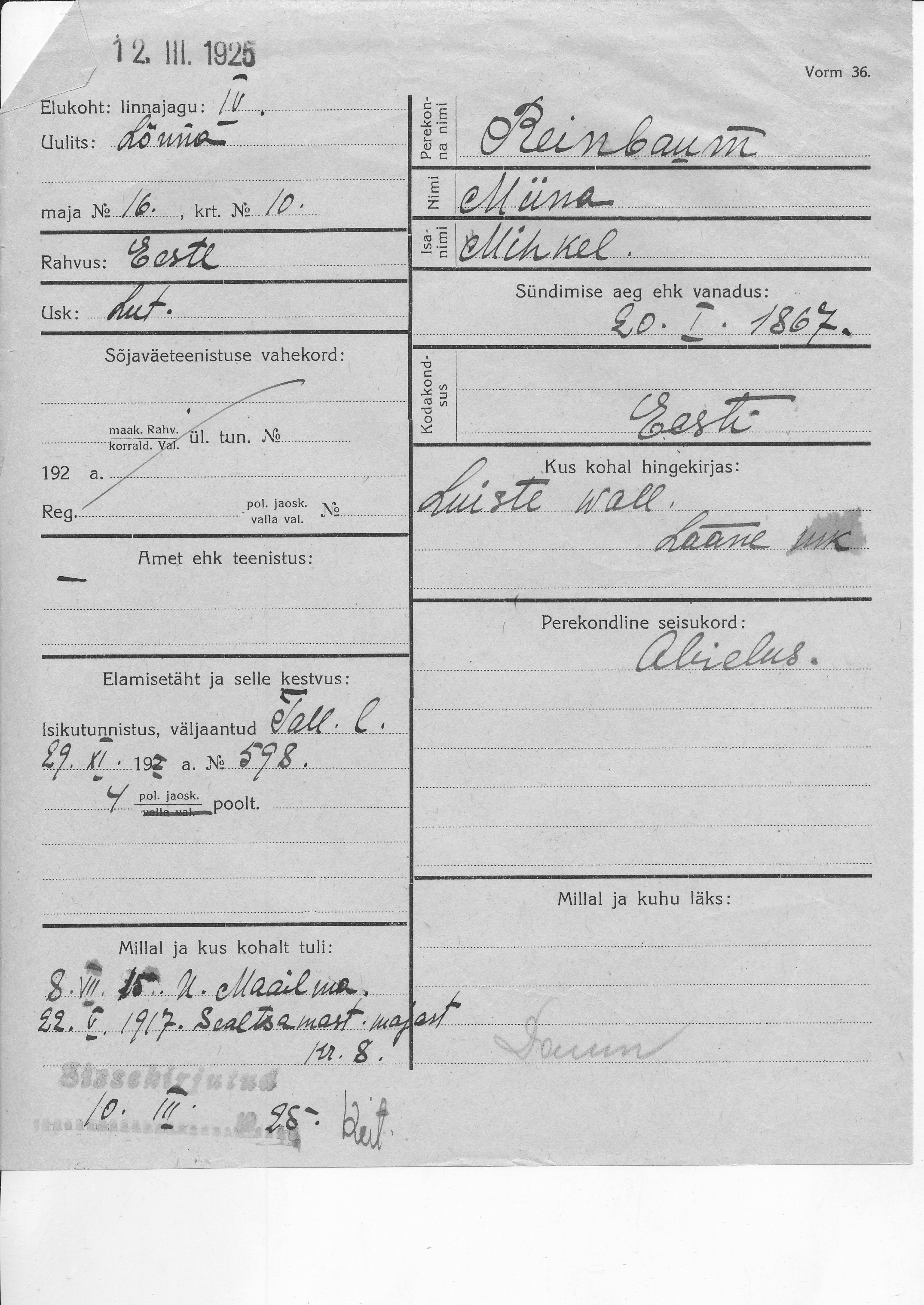 Reinbaum, Miina, Mihkel