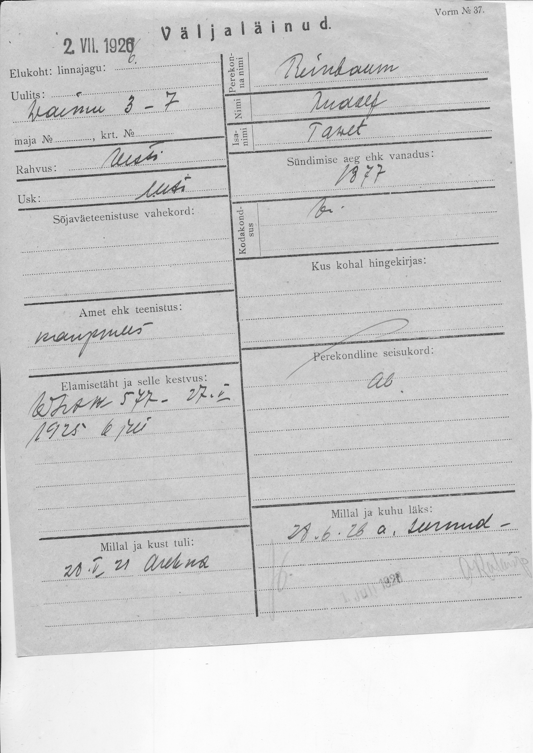 Reinbaum, Rudolf, Tawet