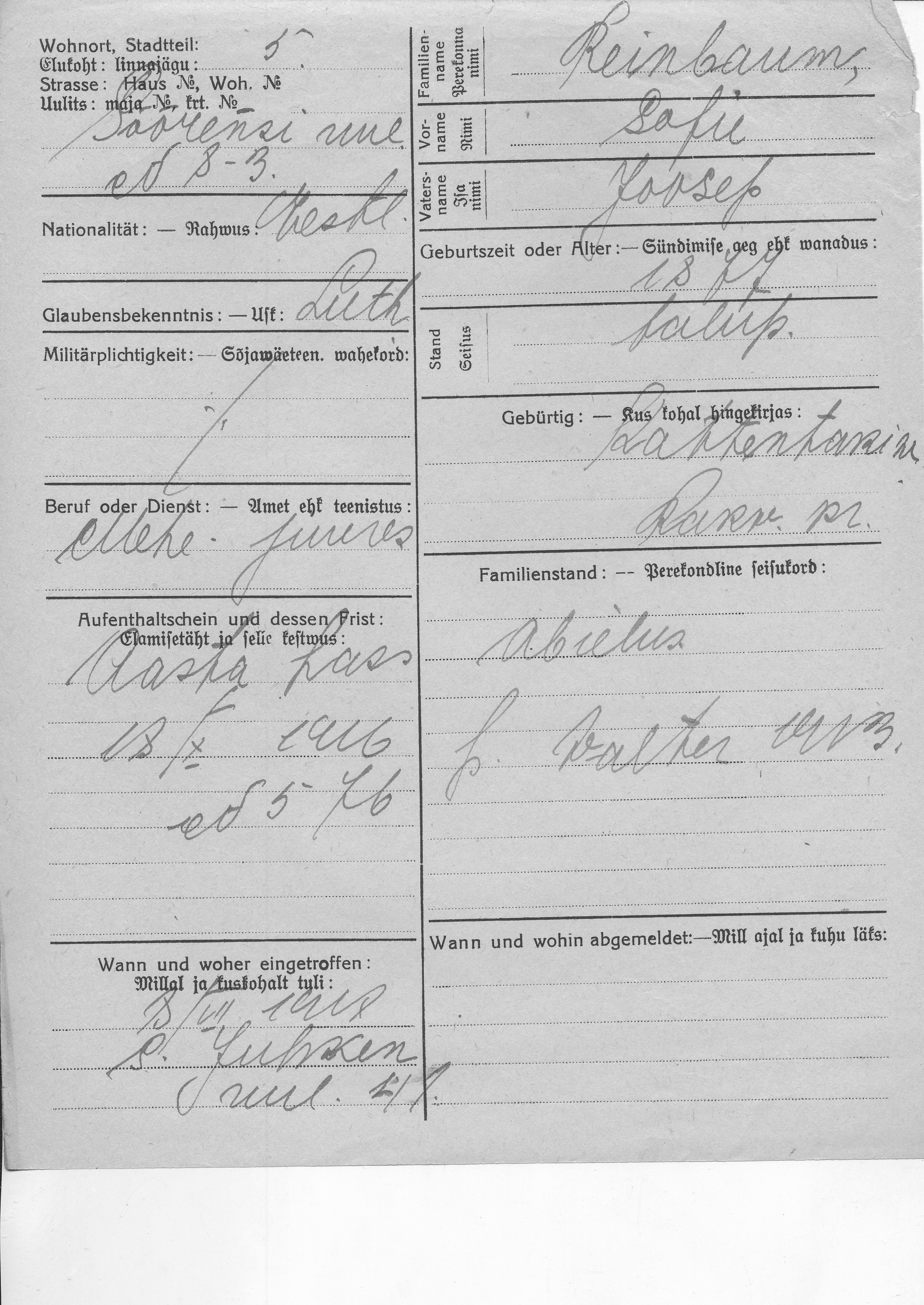 Reinbaum, Sofie, Joosep