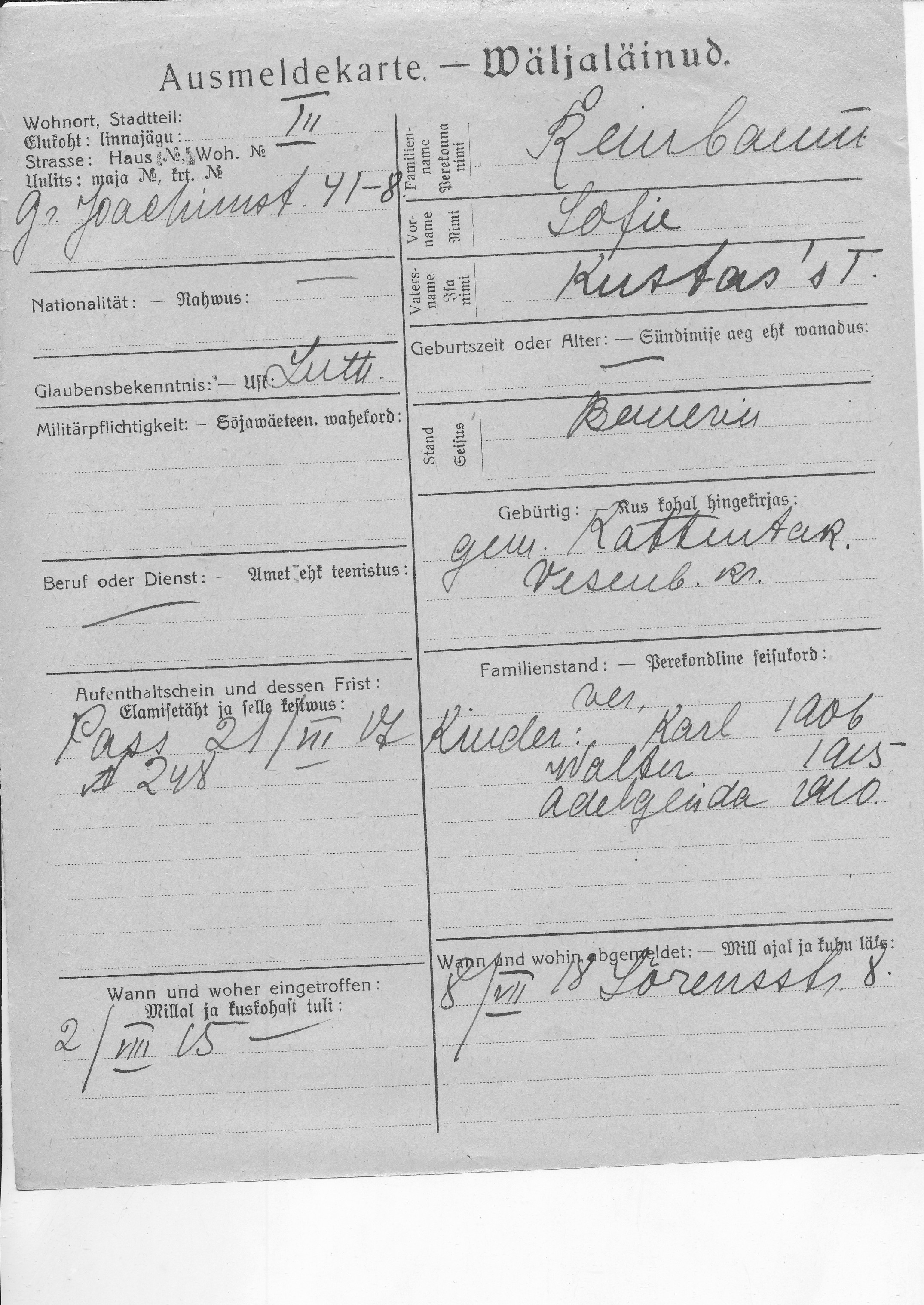 Reinbaum, Sofie, Kustas