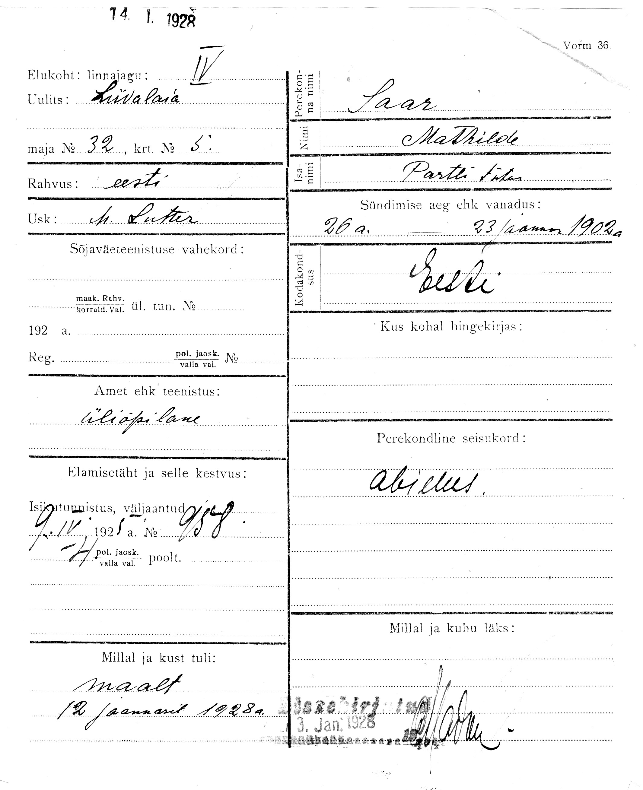 Saar, Mathilde, Partel