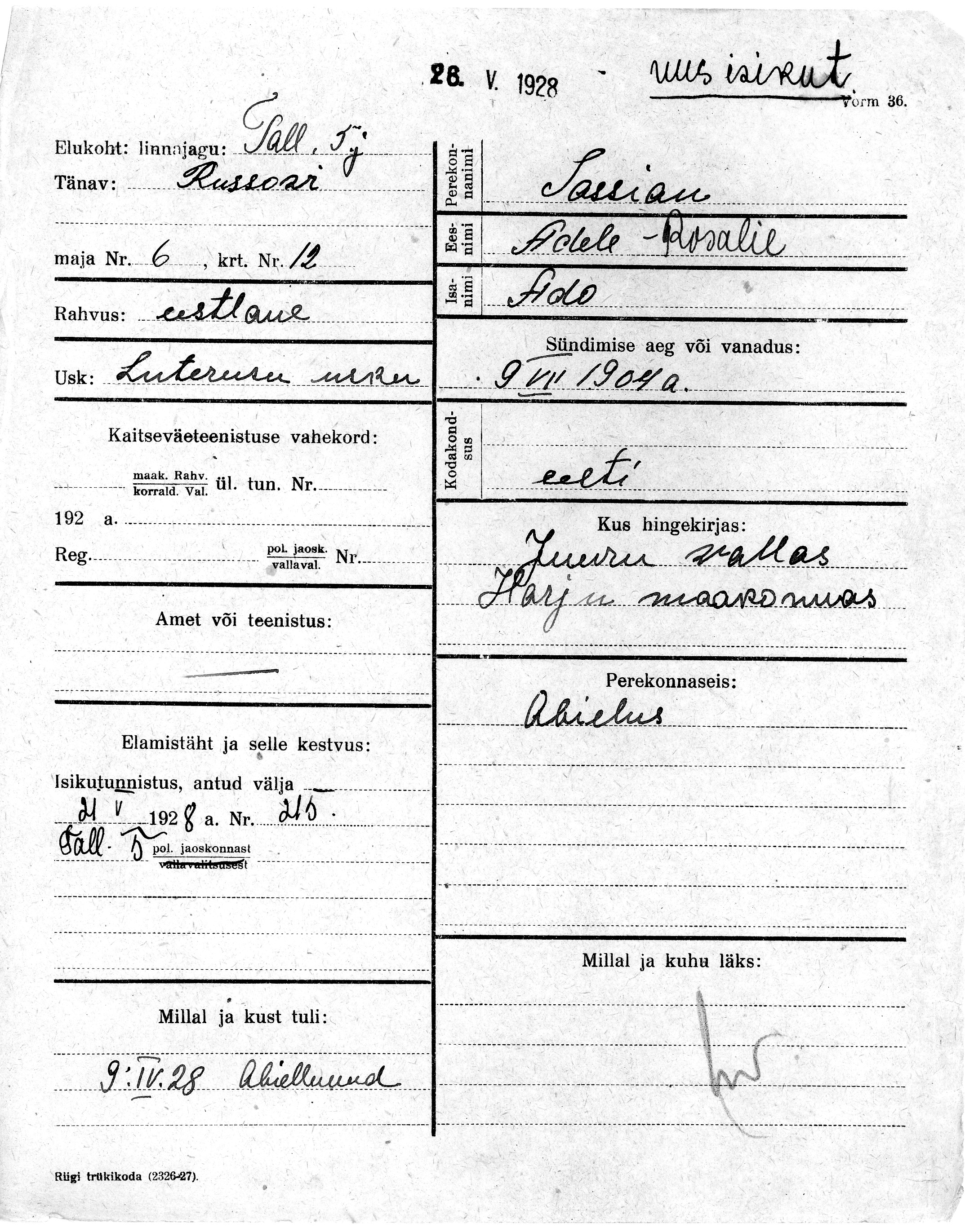 Sassian, Adele-Rosalie, Ado