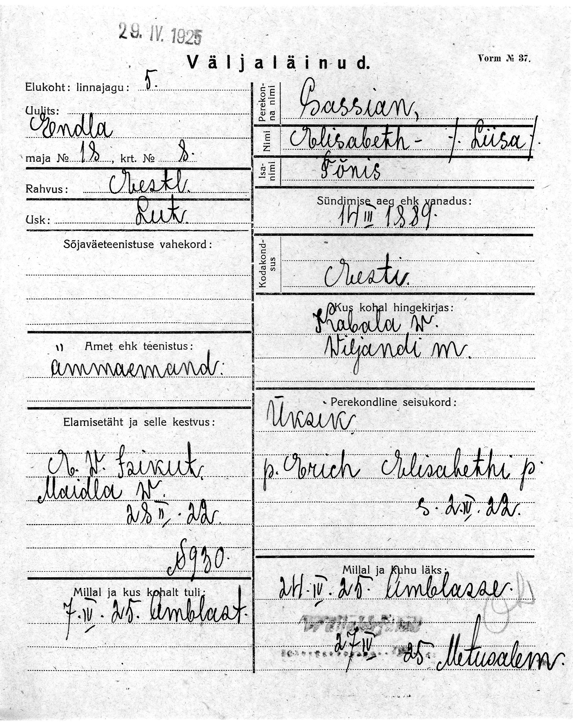 Sassian, Elisabeth(liisa), Tõnis