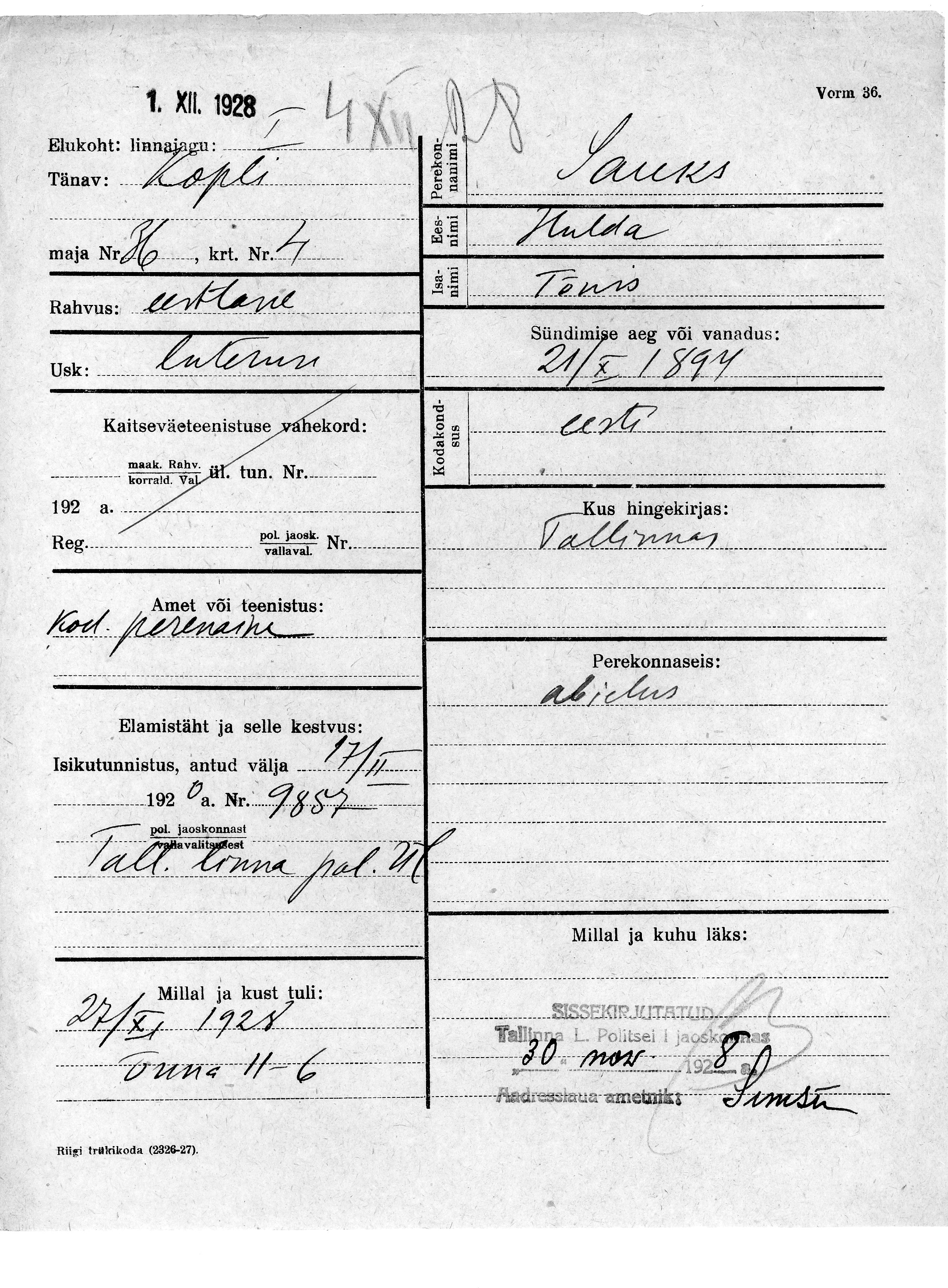 Sauks, Hulda, Tõnis