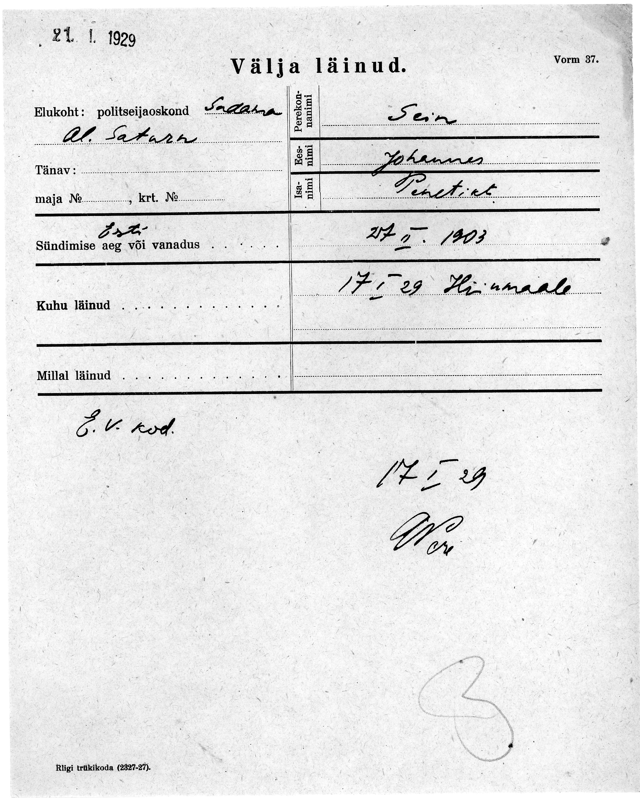 Sein, Johannes, Penetikt