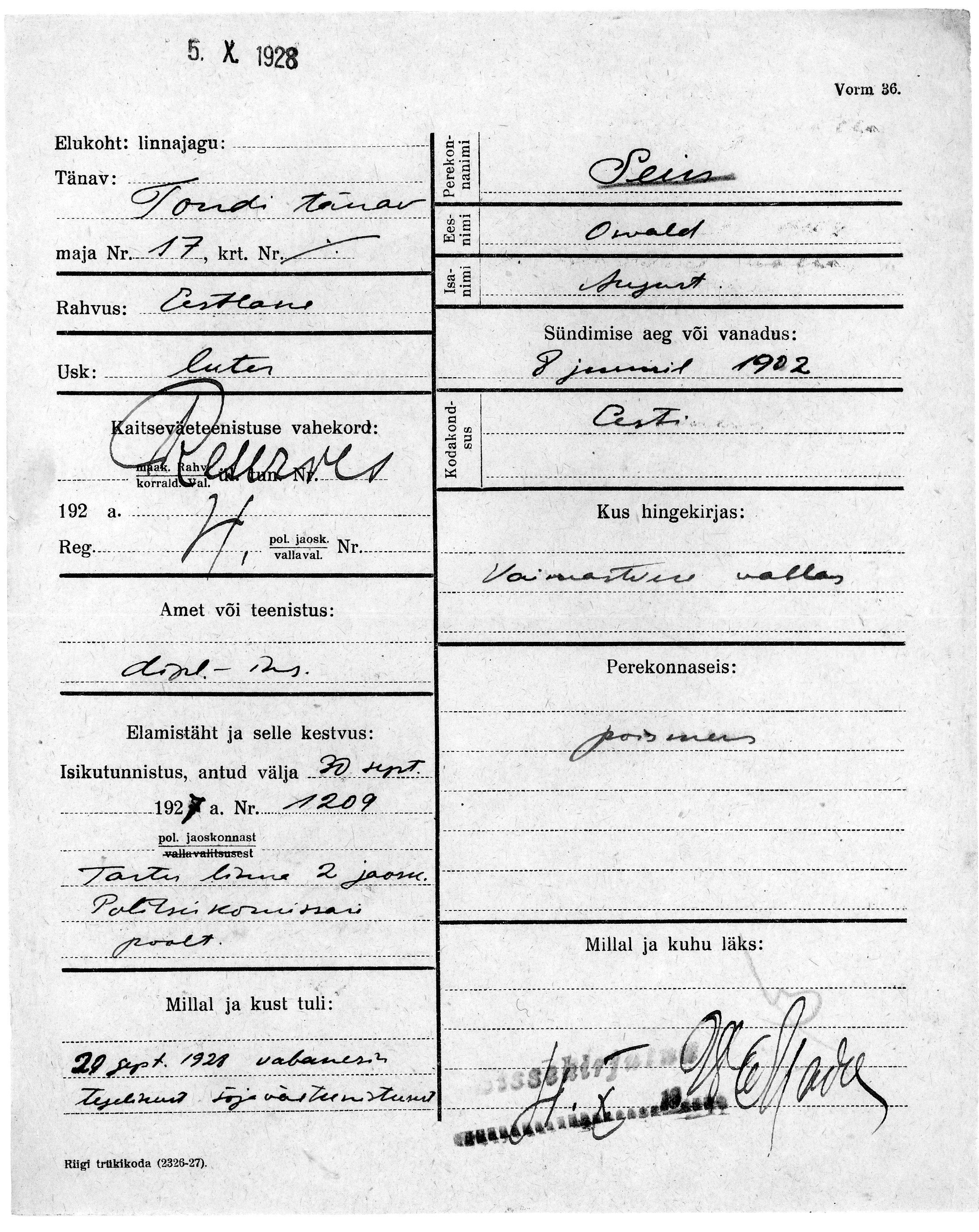 Sein, Osvald, August