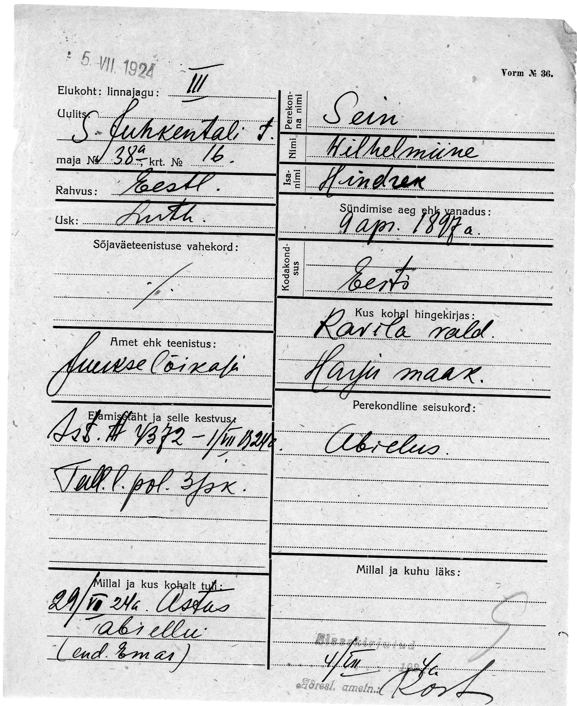 Sein, Wilhelmine, Hindrek