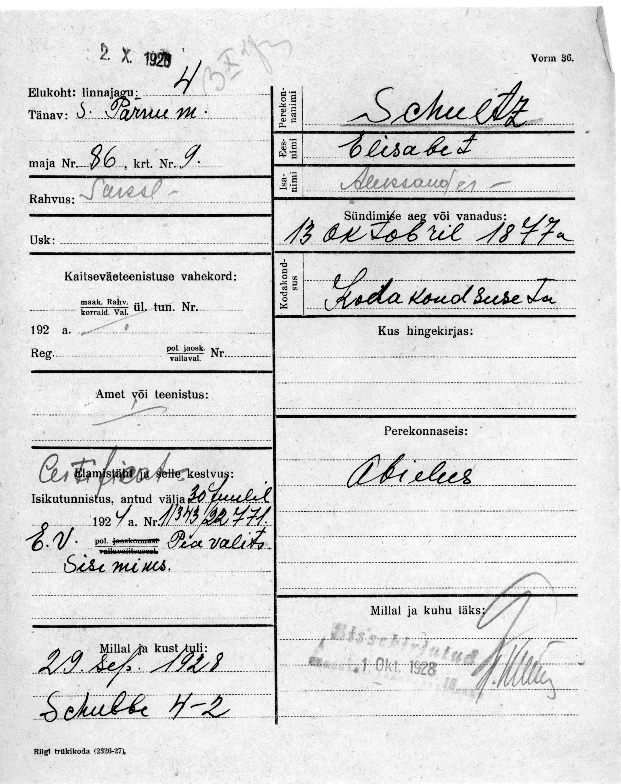 Schultz, Elisabet, Aleksander