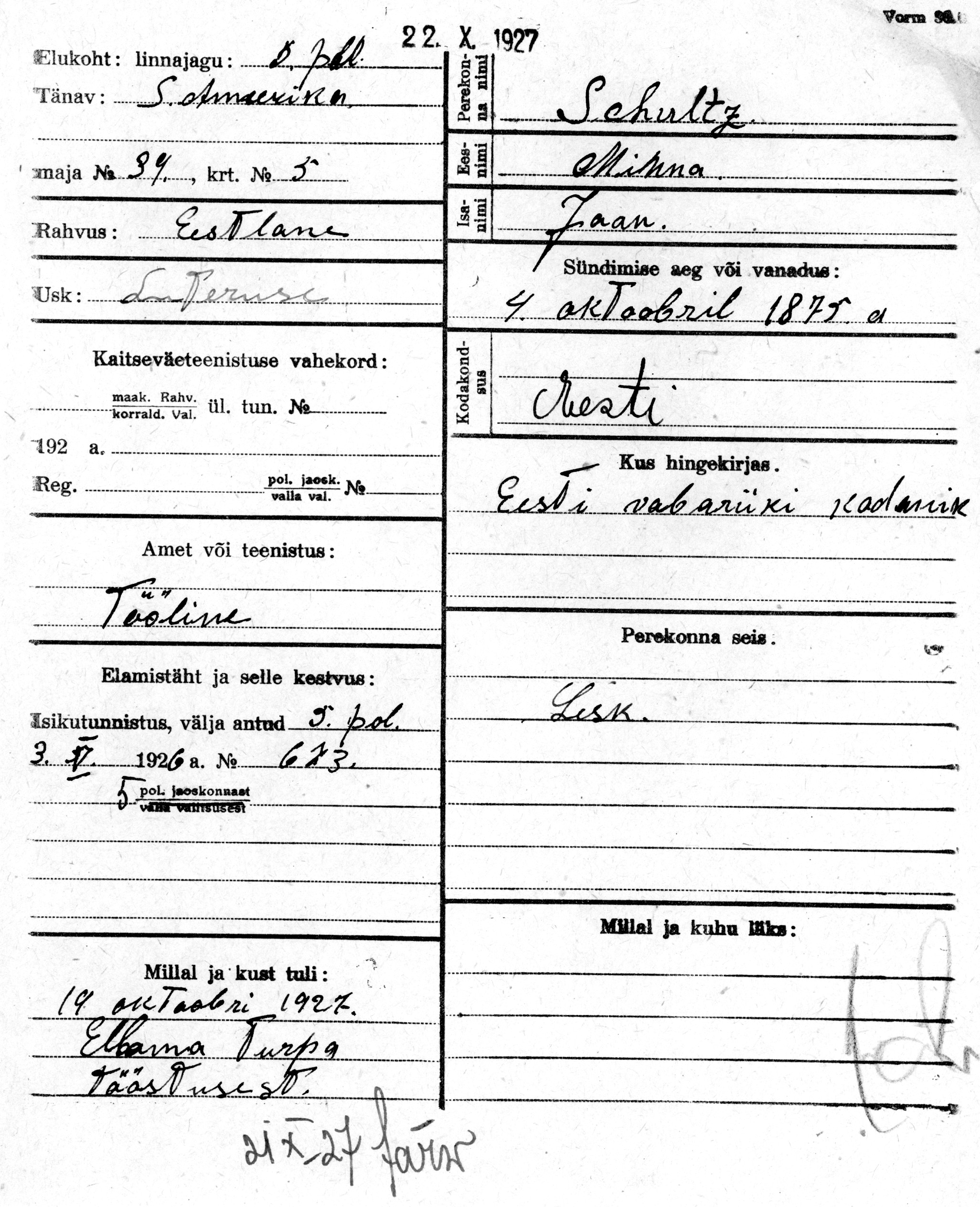 Schultz, Minna, Jaan