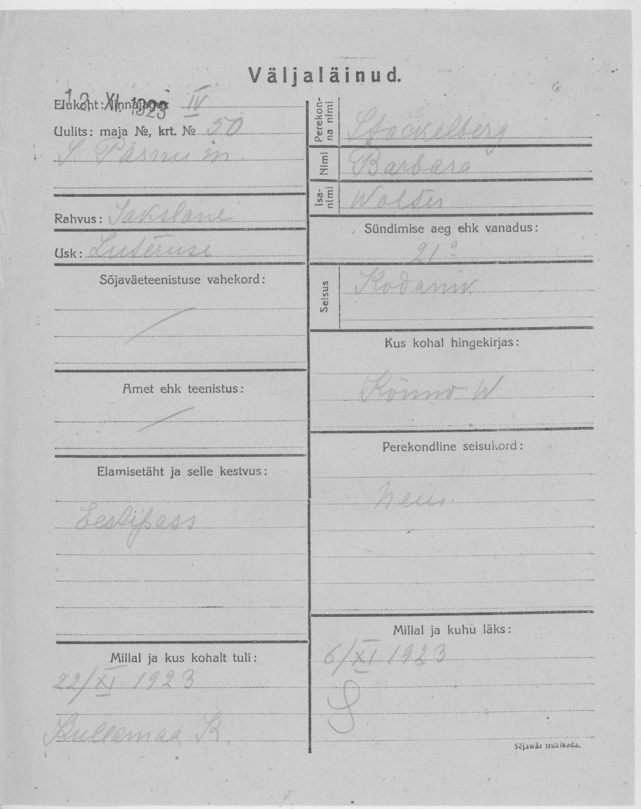 Stackelberg, Barbara, Woltes