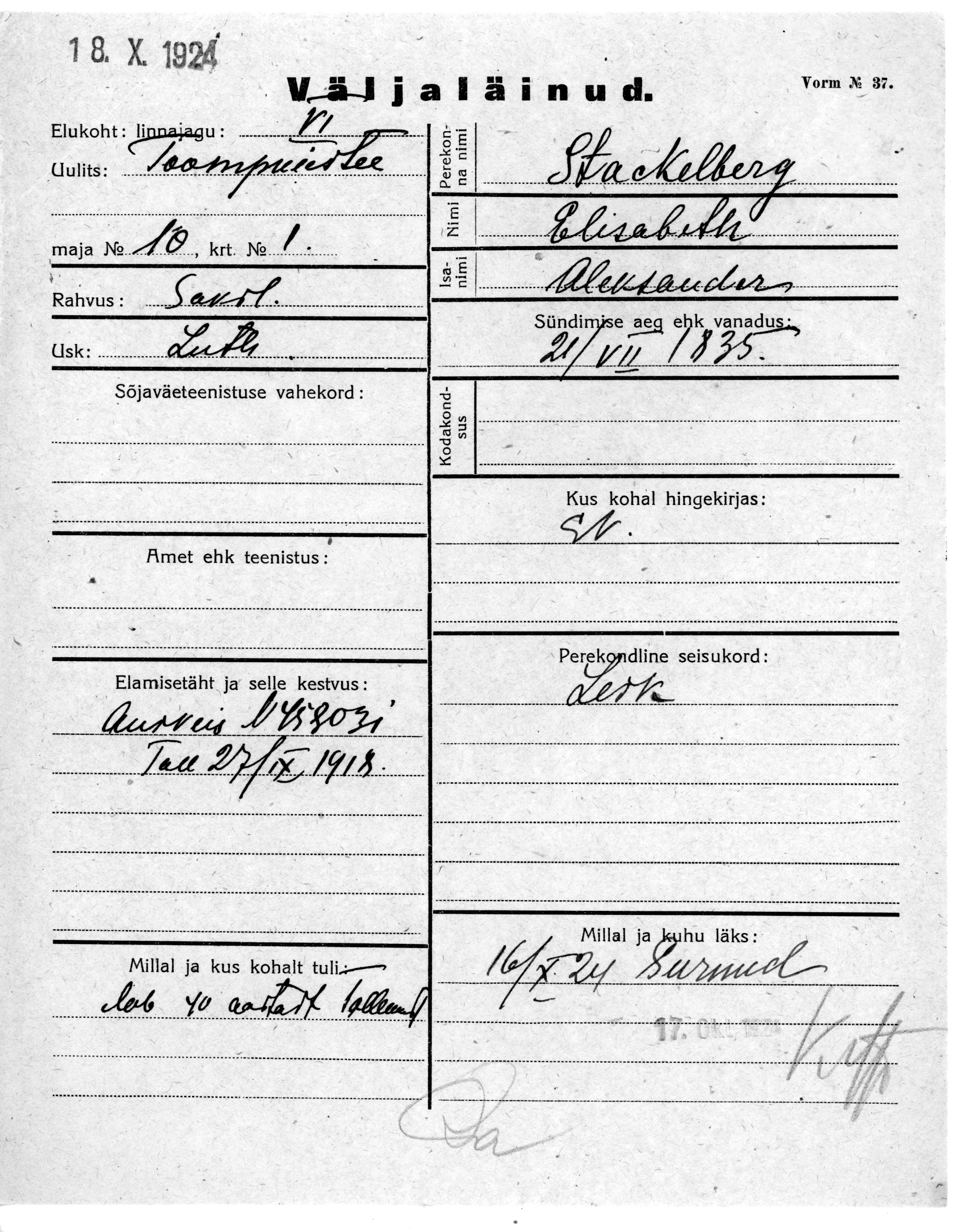 Stackelberg, Elisabeth, Aleksander