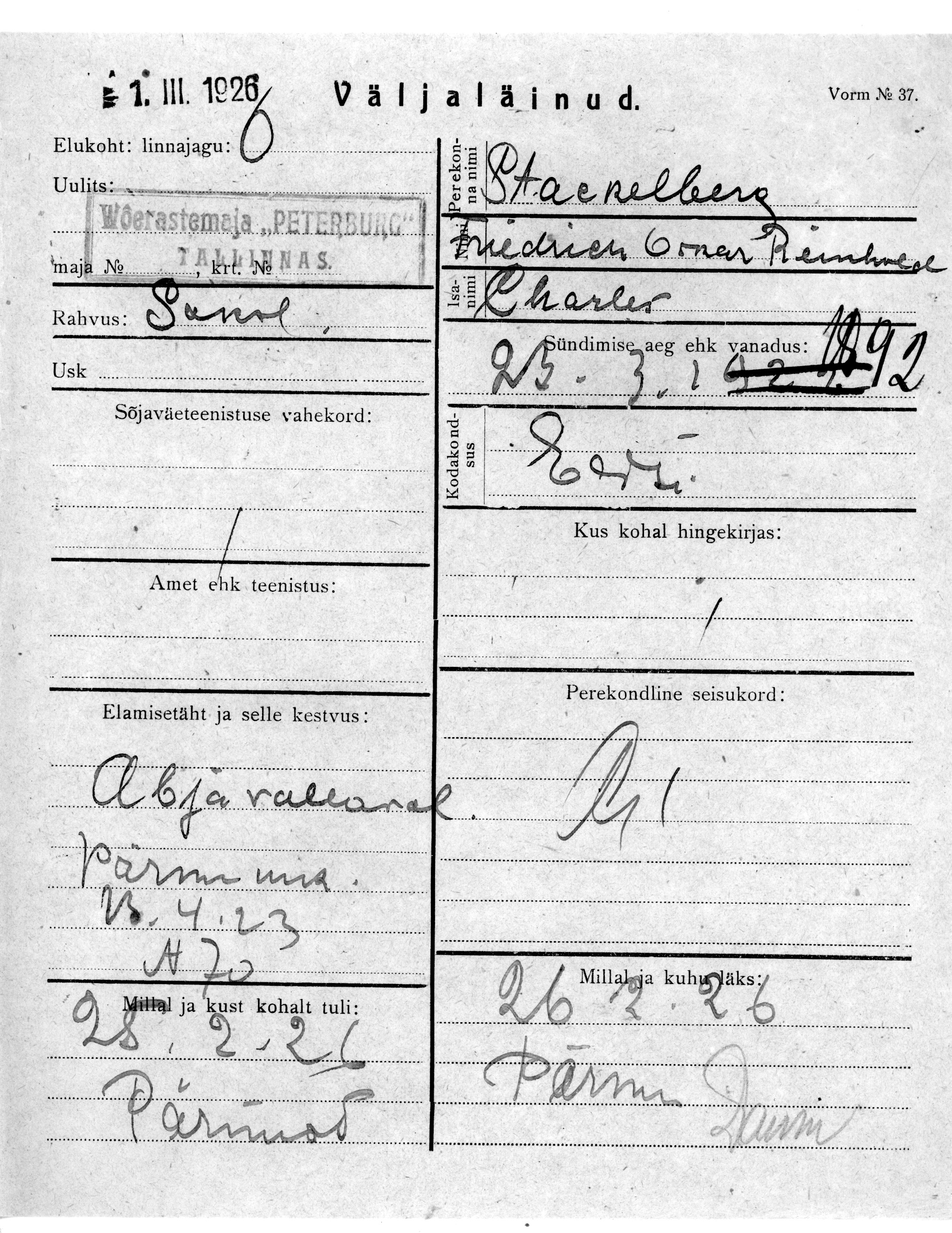 Stackelberg, Friedrich oskar reinhold, Charles