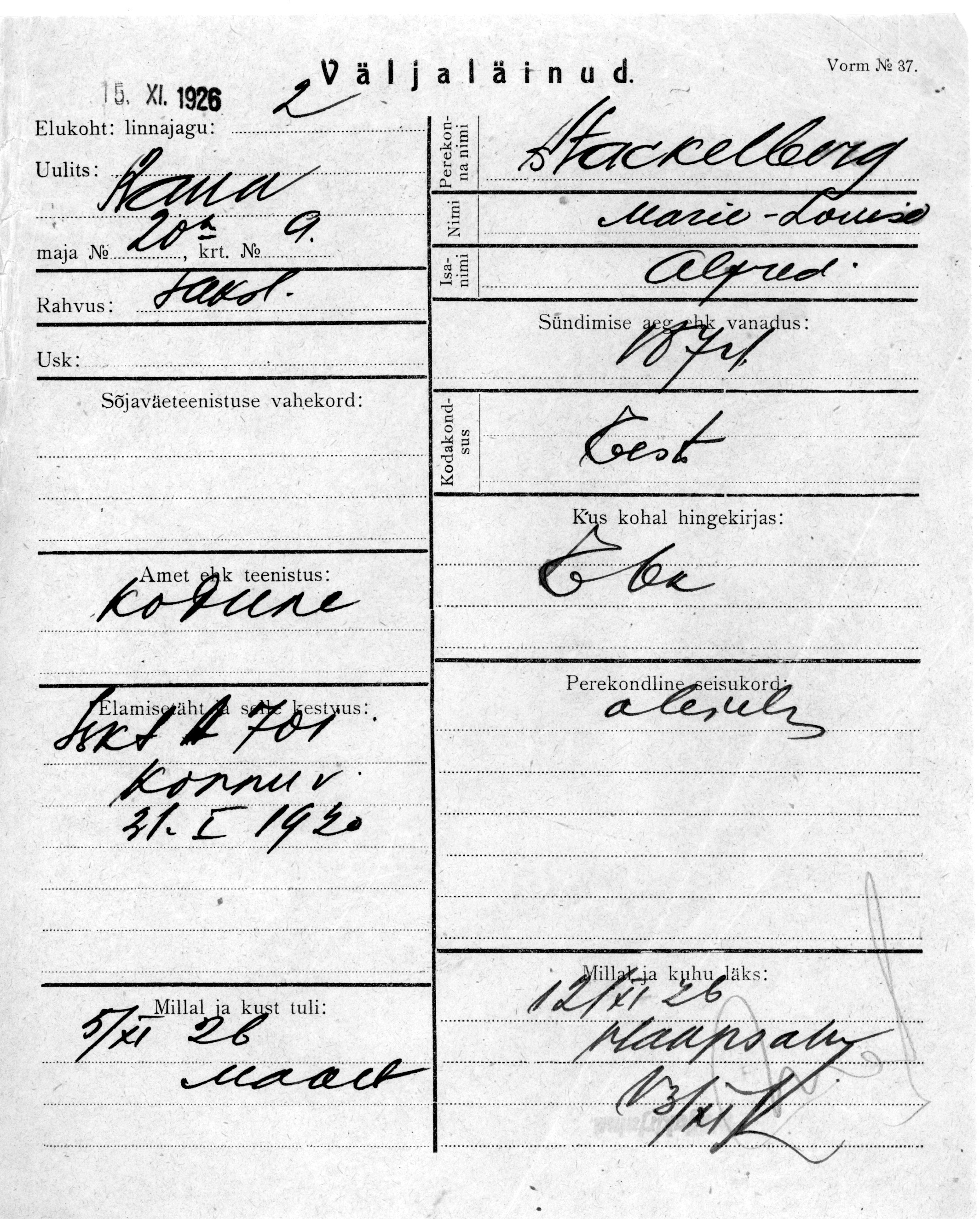 Stackelberg, Marie-Louise, Alfred