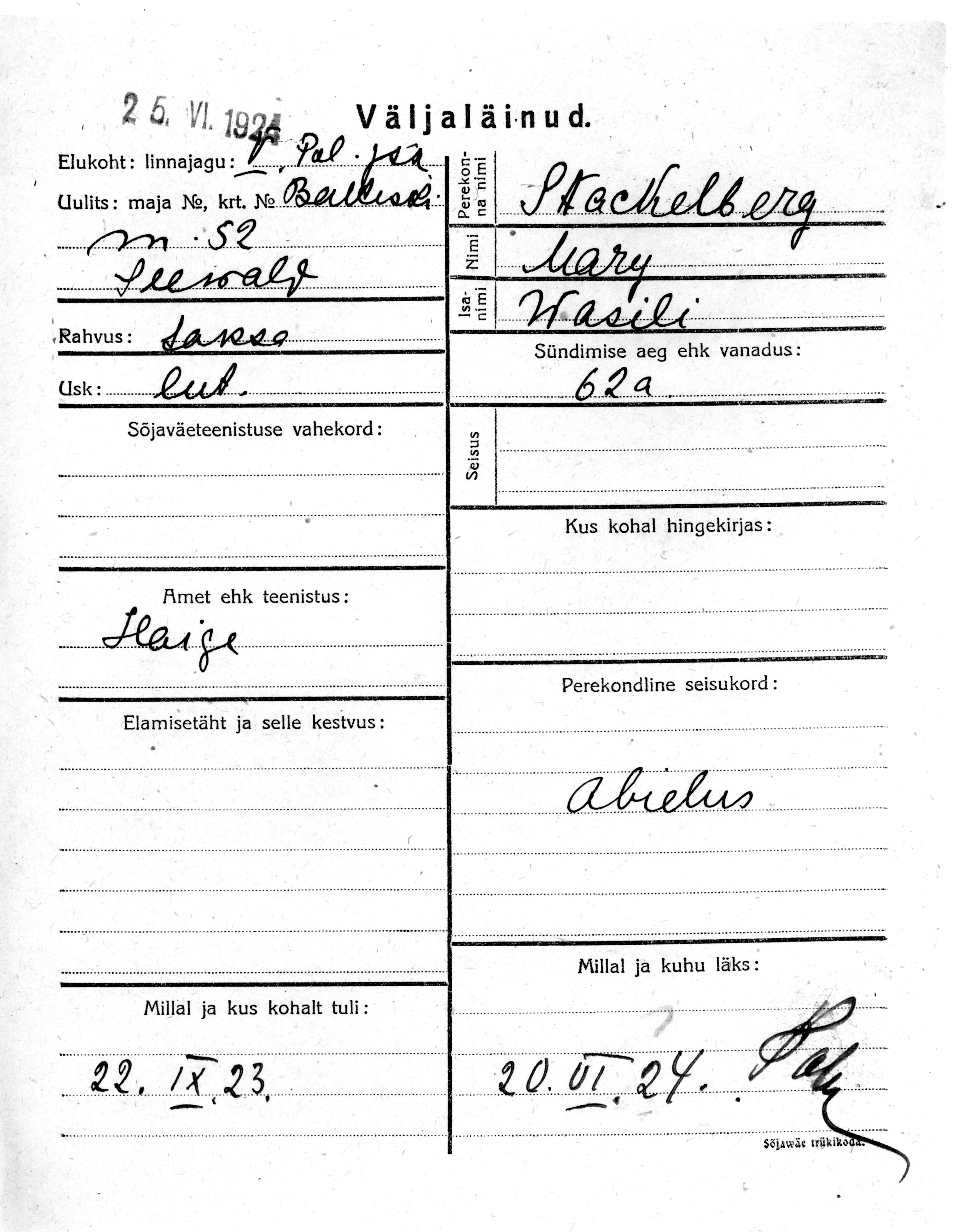 Stackelberg, Mary, Wasili