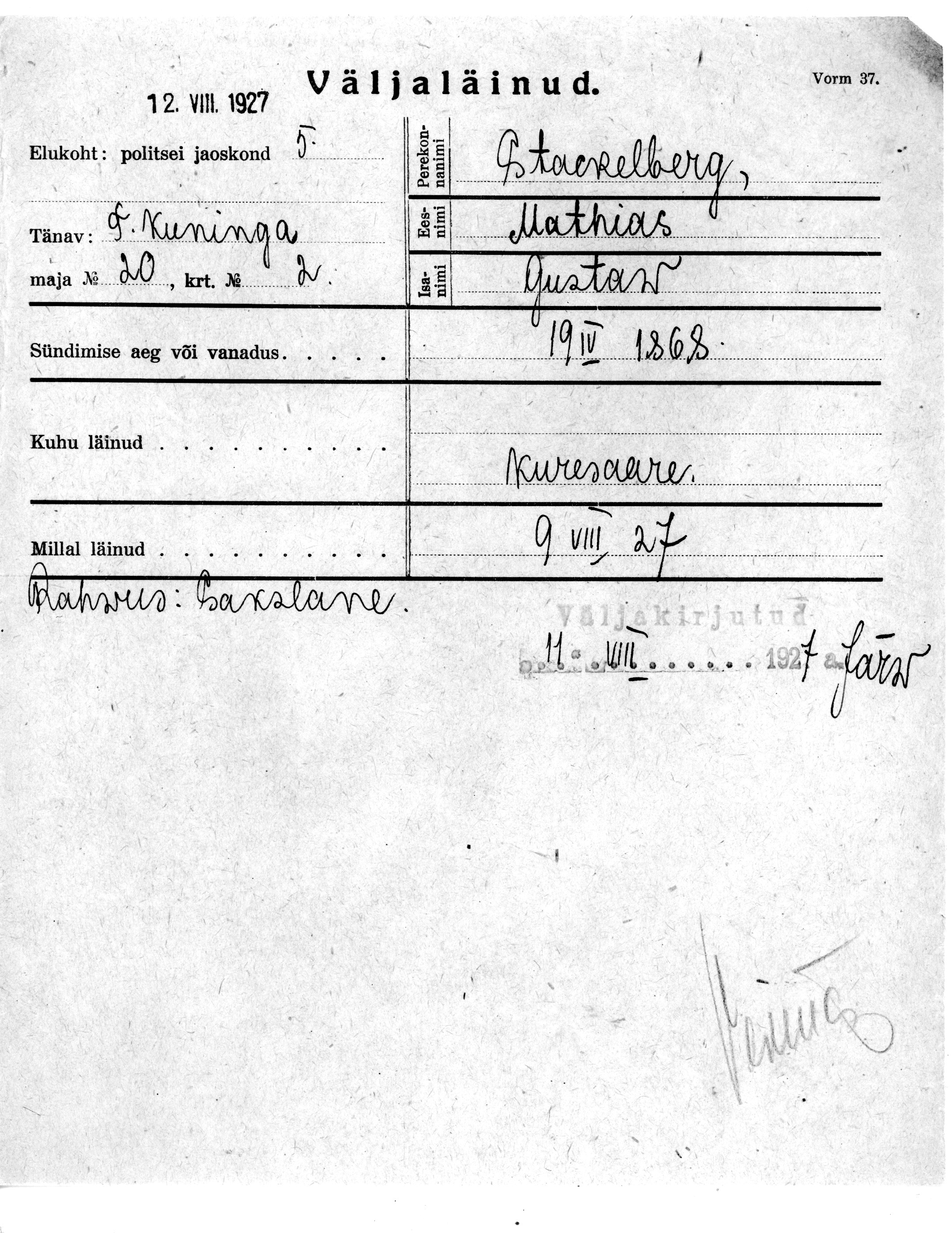 Stackelberg, Mathias, Gustaw