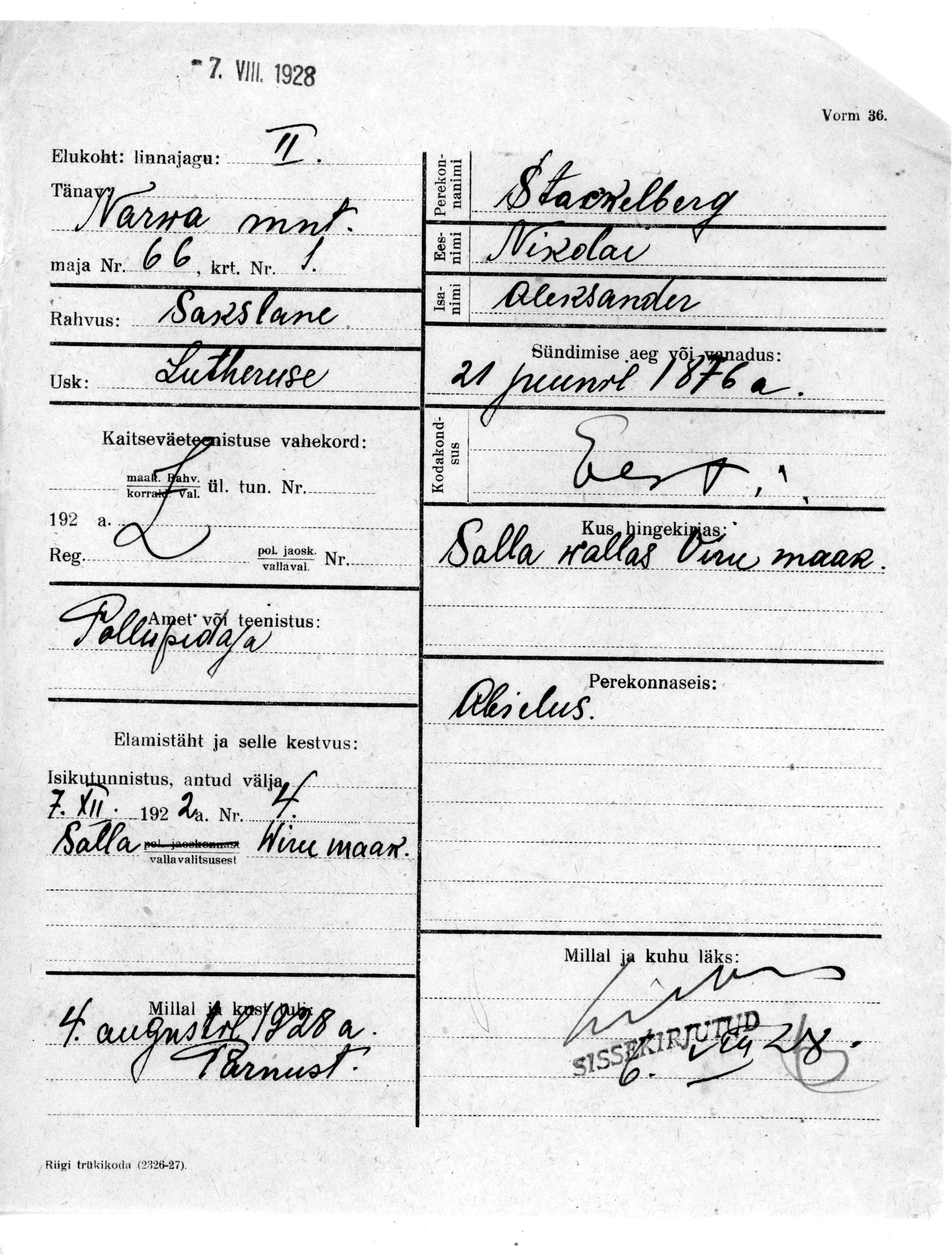 Stackelberg, Nikolai, Aleksander